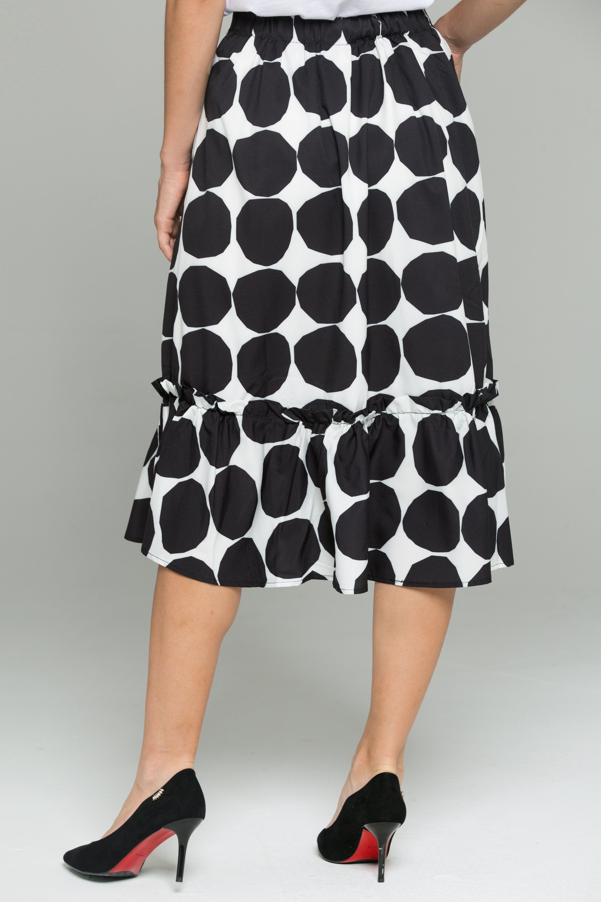 Black and White Big Polka Dot Print Ruffled Hem Flounce Skirt - ownthelooks-Development