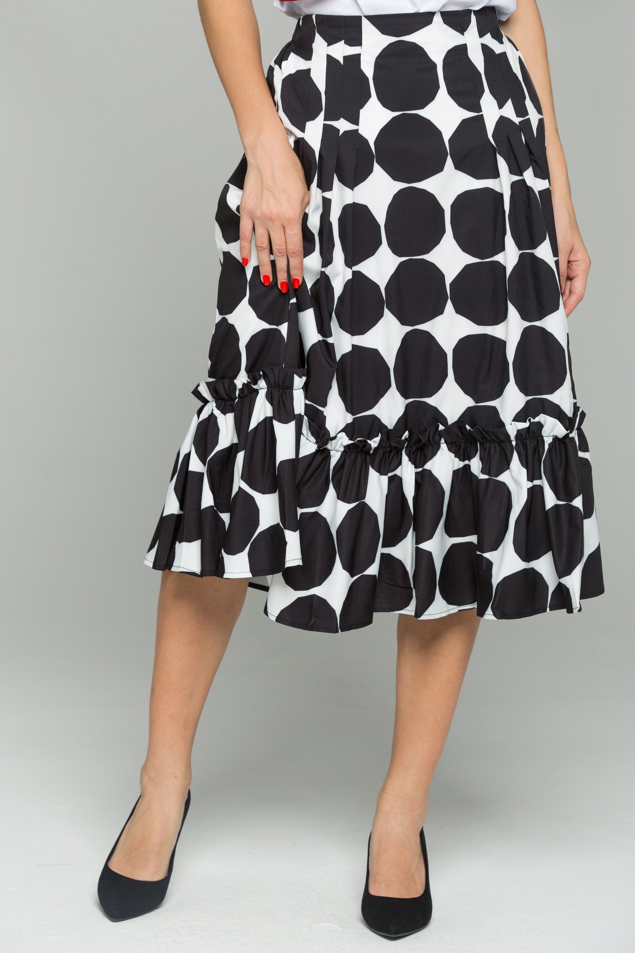 Black and White Big Polka Dot Print Ruffled Hem Flounce Skirt - ownthelooks-Development