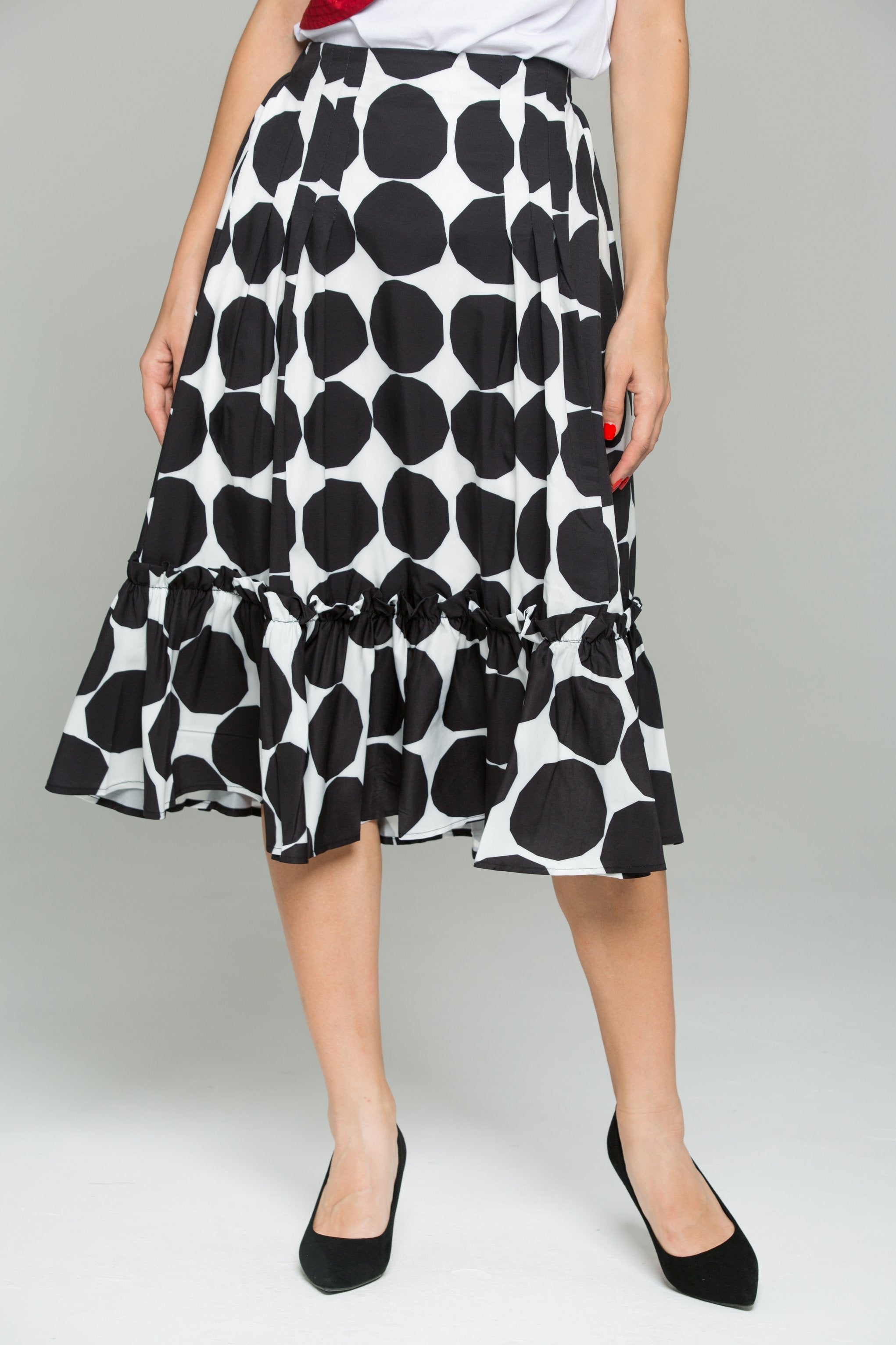 Black and White Big Polka Dot Print Ruffled Hem Flounce Skirt - ownthelooks-Development