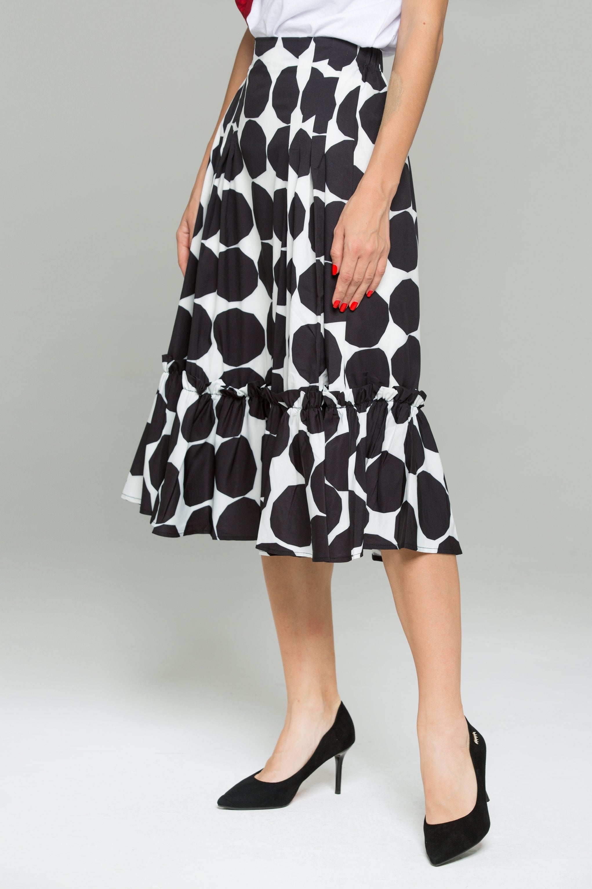 Black and White Big Polka Dot Print Ruffled Hem Flounce Skirt - ownthelooks-Development