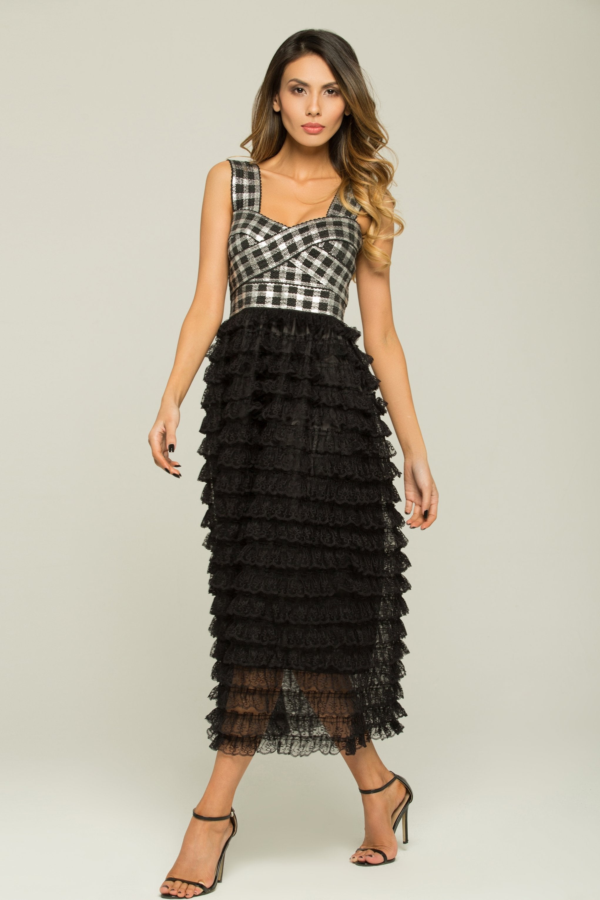 Black and White Check Tiered Ruffle Lace Dress - ownthelooks-Development