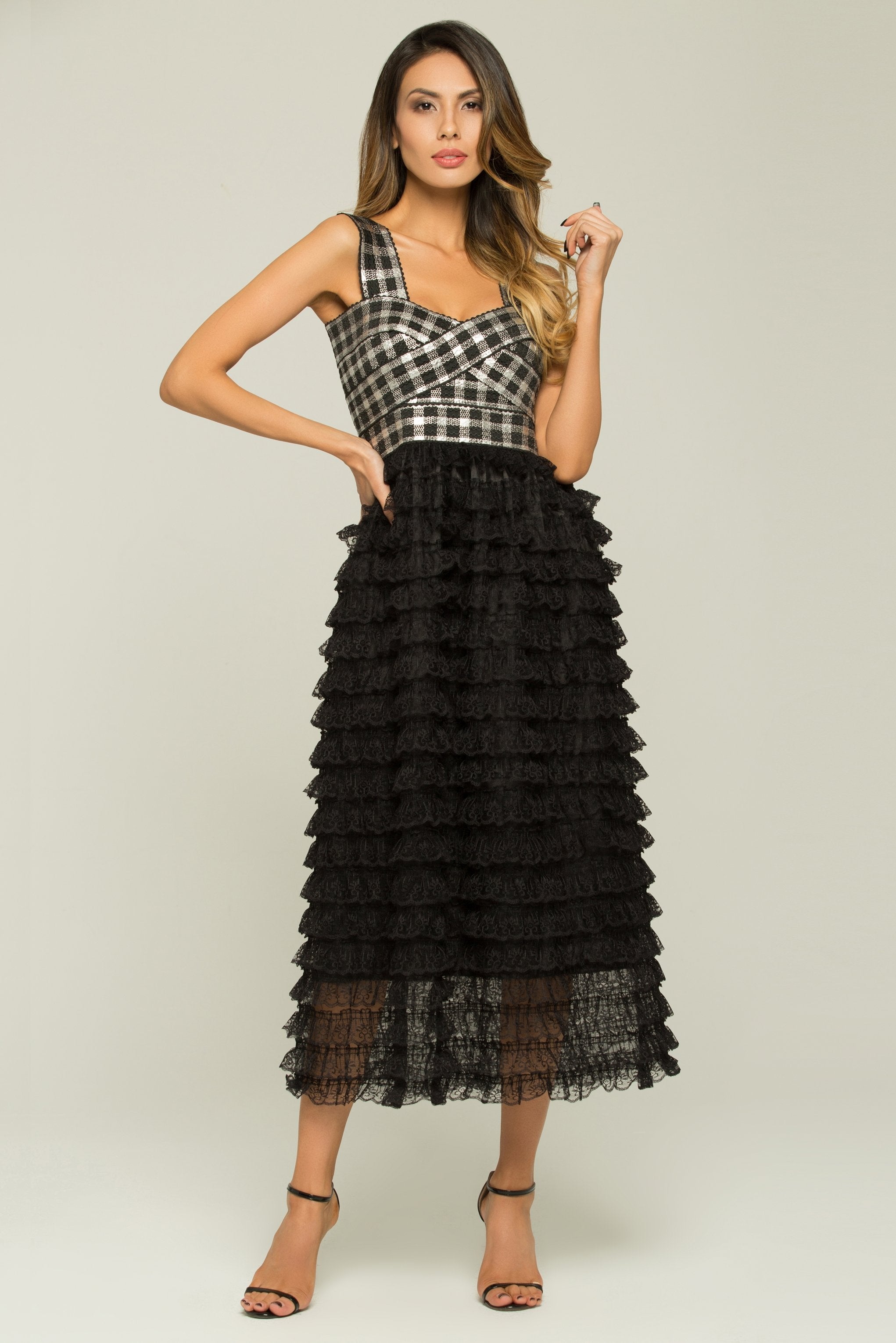 Black and White Check Tiered Ruffle Lace Dress - ownthelooks-Development