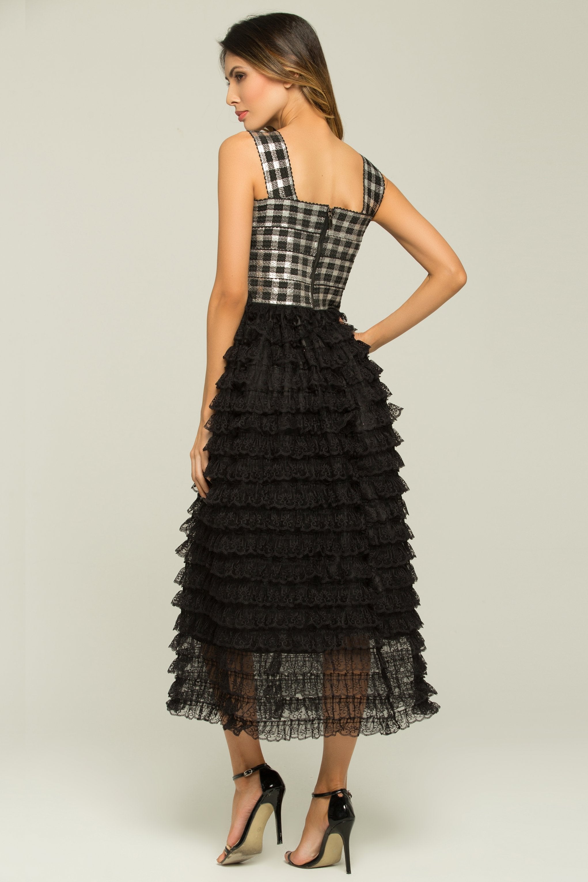 Black and White Check Tiered Ruffle Lace Dress - ownthelooks-Development