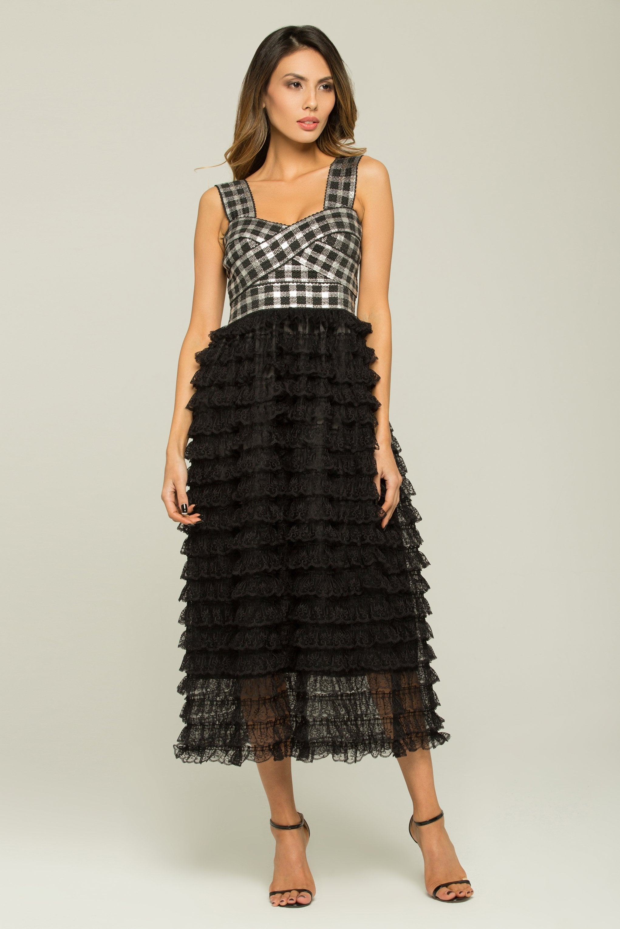 Black and White Check Tiered Ruffle Lace Dress - ownthelooks-Development