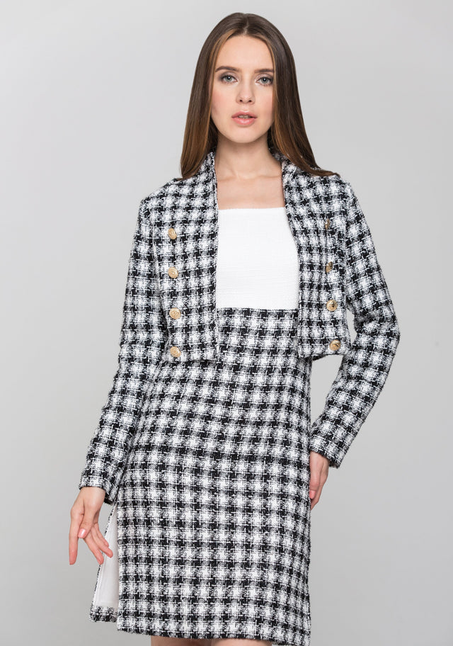 Black and White Check Tweed Dress and Blazer Set - ownthelooks-Development