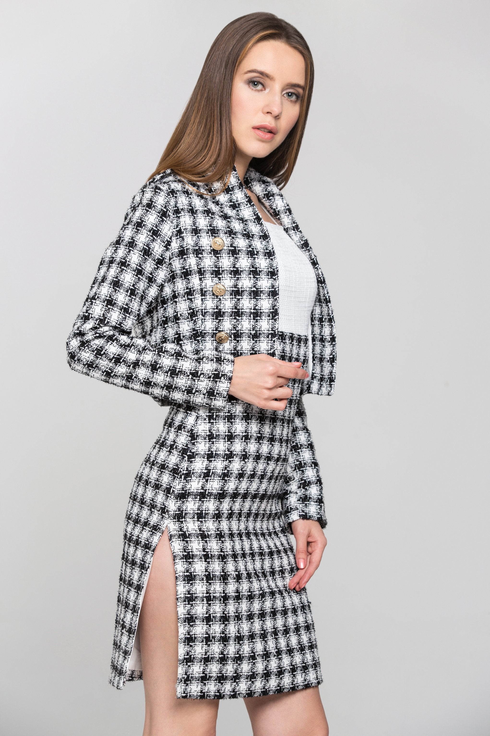 Black and White Check Tweed Dress and Blazer Set - ownthelooks-Development