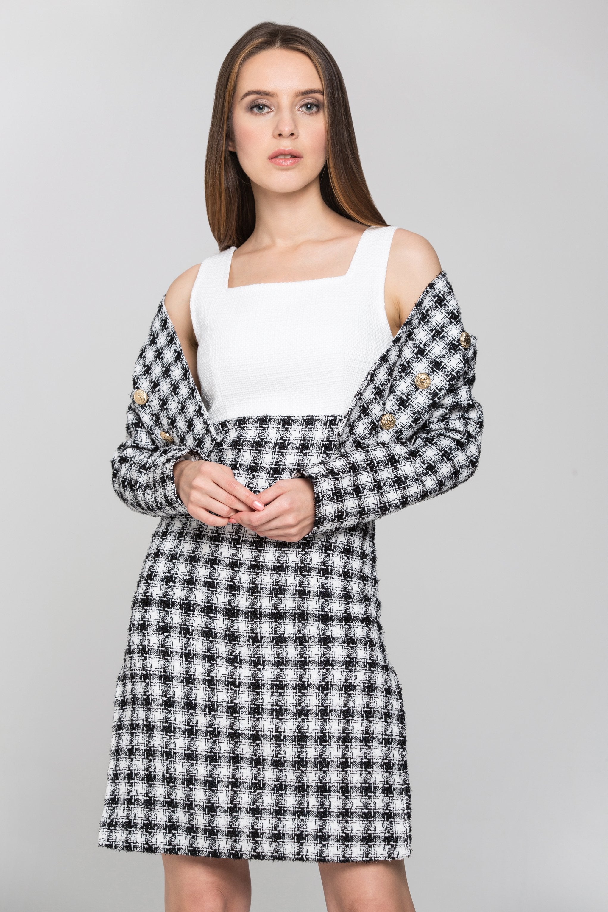 Black and White Check Tweed Dress and Blazer Set - ownthelooks-Development