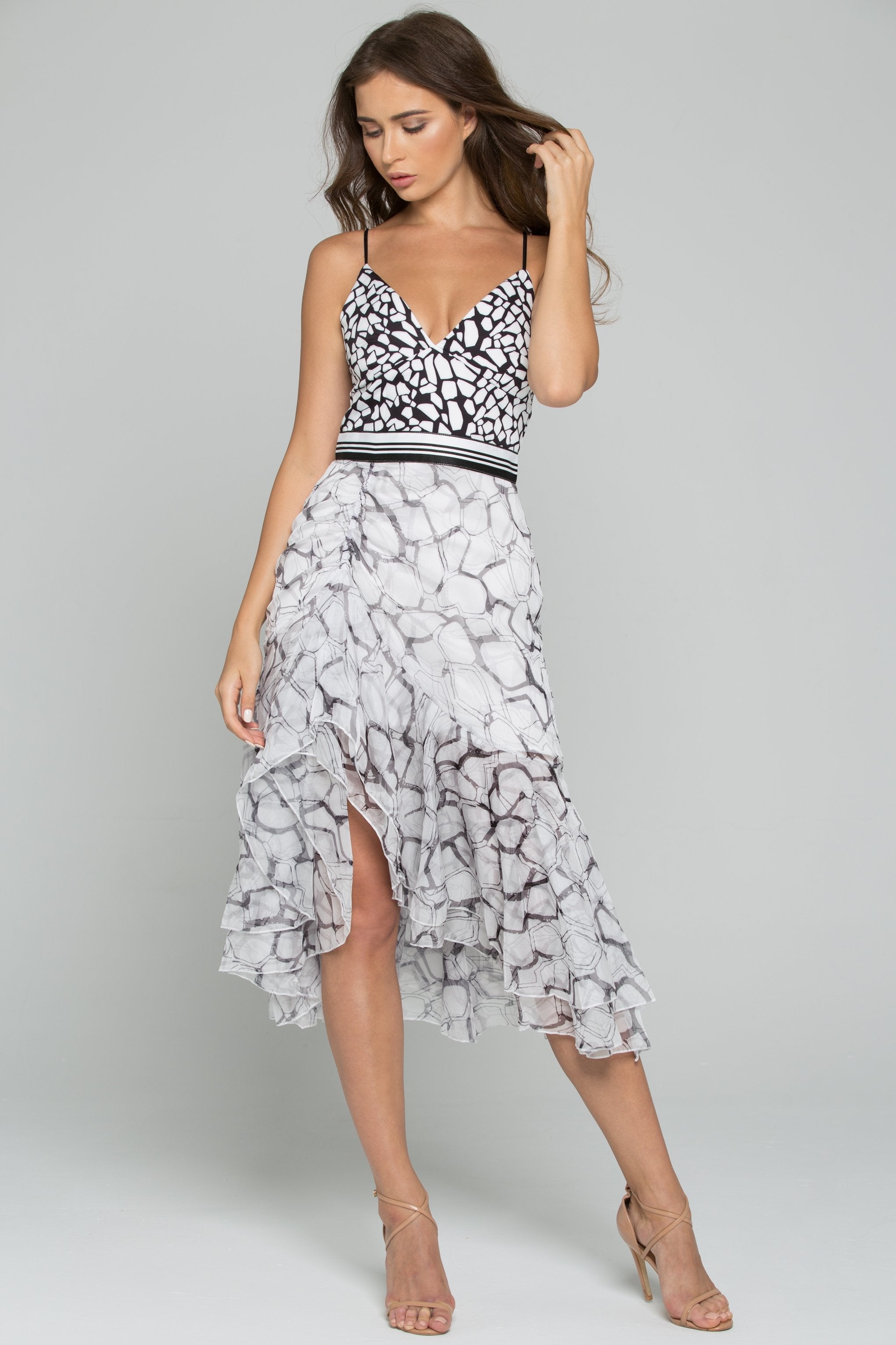 Black and White Chiffon Spaghetti Strap Asymmetrical Ruffled Sundress - ownthelooks-Development