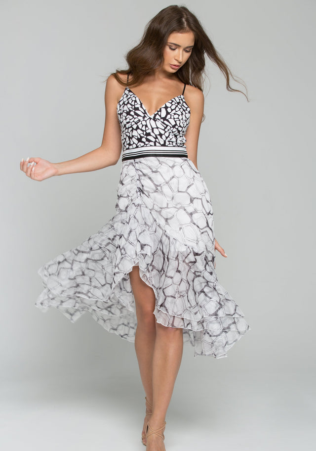Black and White Chiffon Spaghetti Strap Asymmetrical Ruffled Sundress - ownthelooks-Development