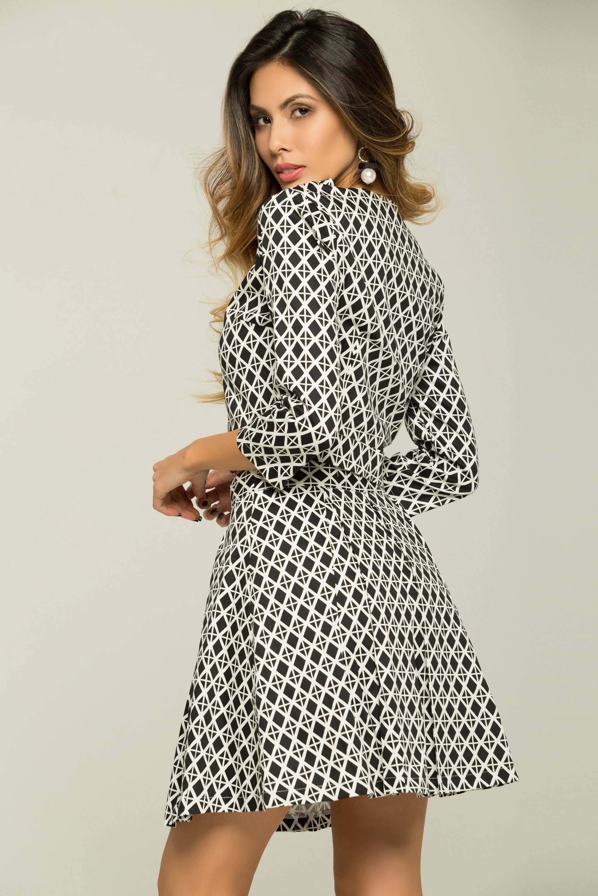 Black and White Diamond Print Dress Set - ownthelooks-Development