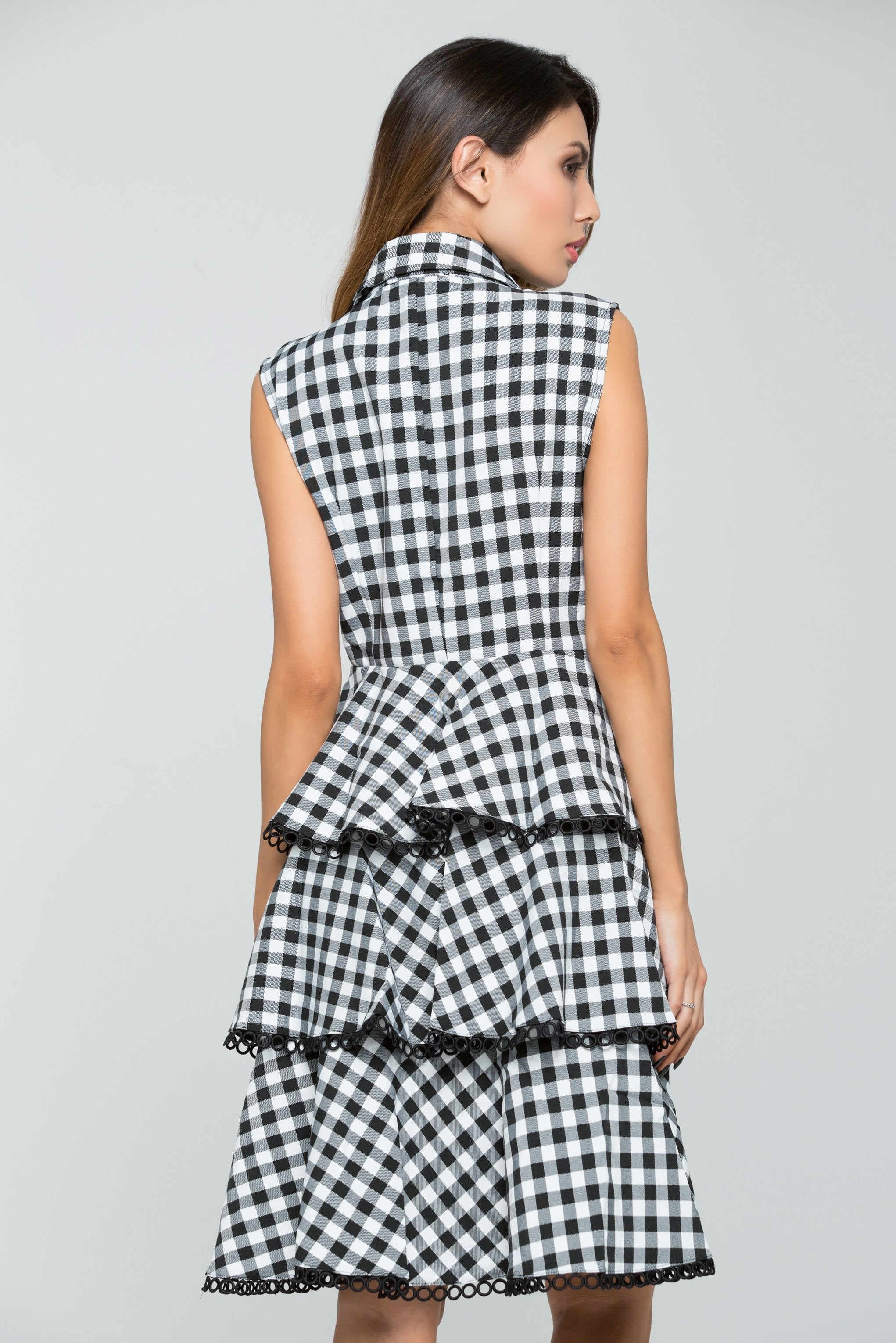Black and White Double Breasted Check Midi Dress - ownthelooks-Development