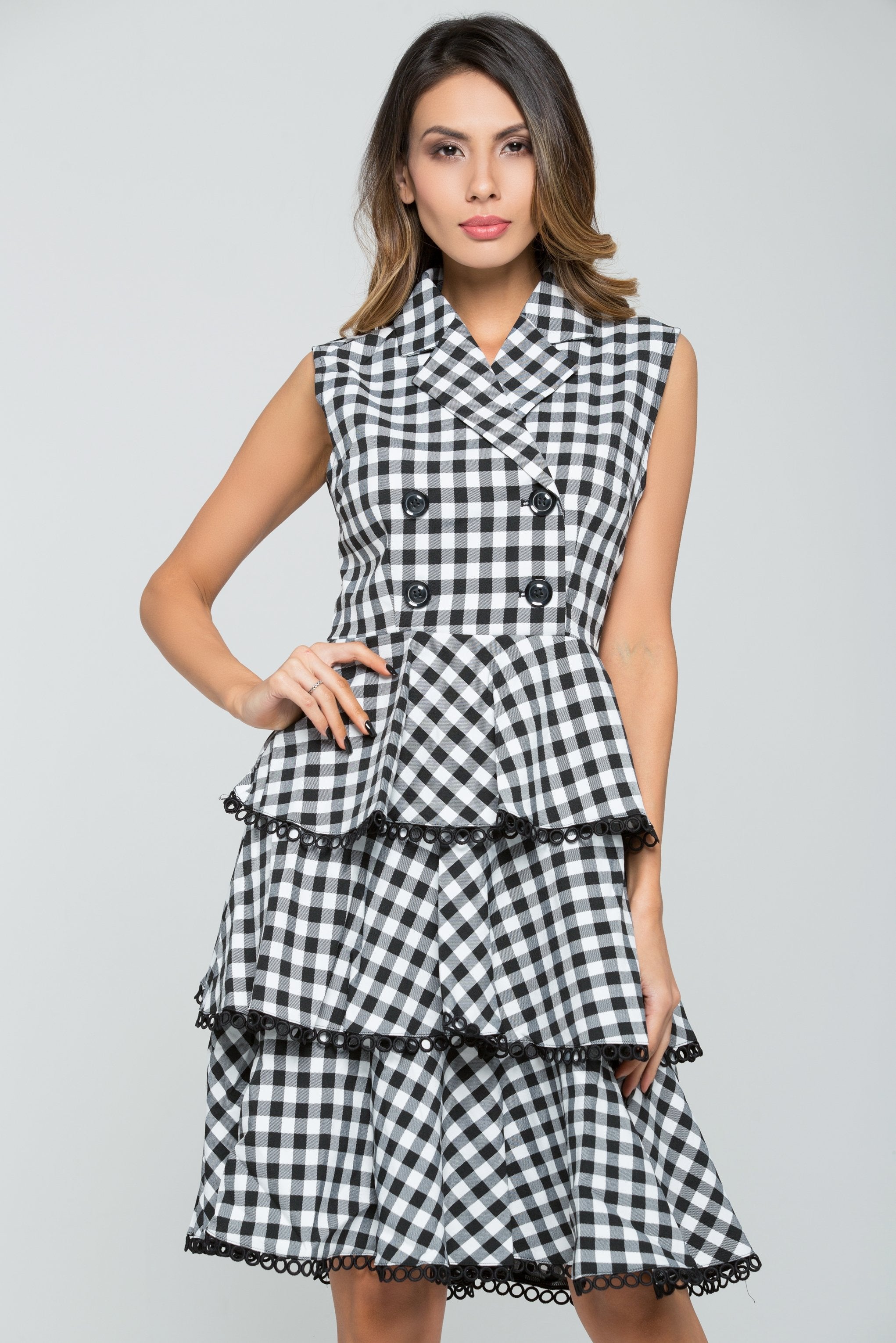 Black and White Double Breasted Check Midi Dress - ownthelooks-Development