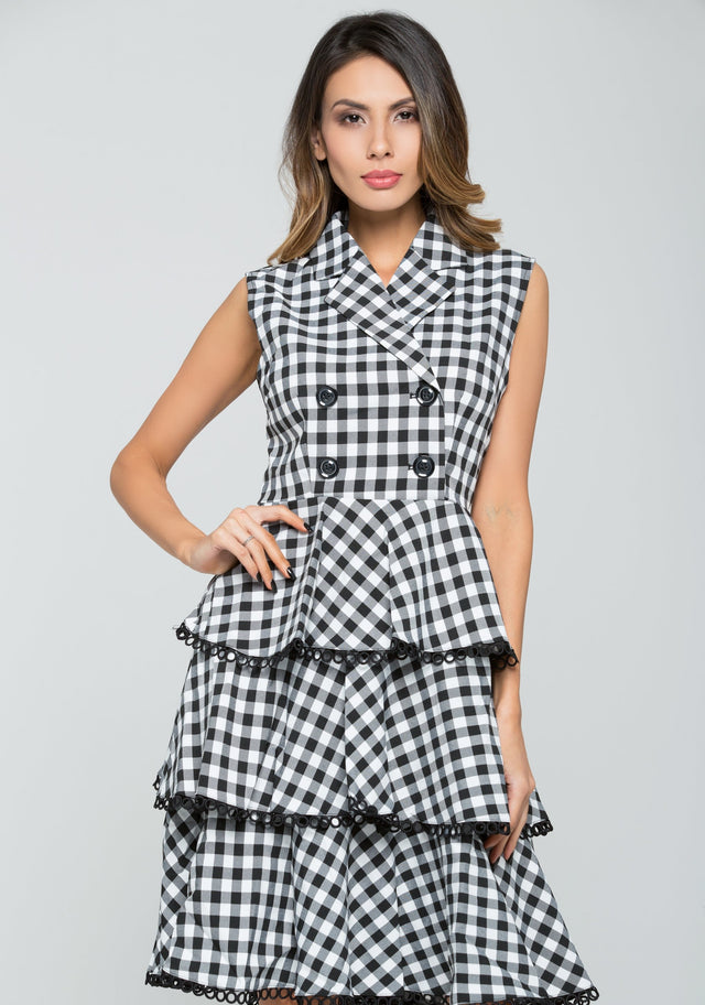 Black and White Double Breasted Check Midi Dress - ownthelooks-Development