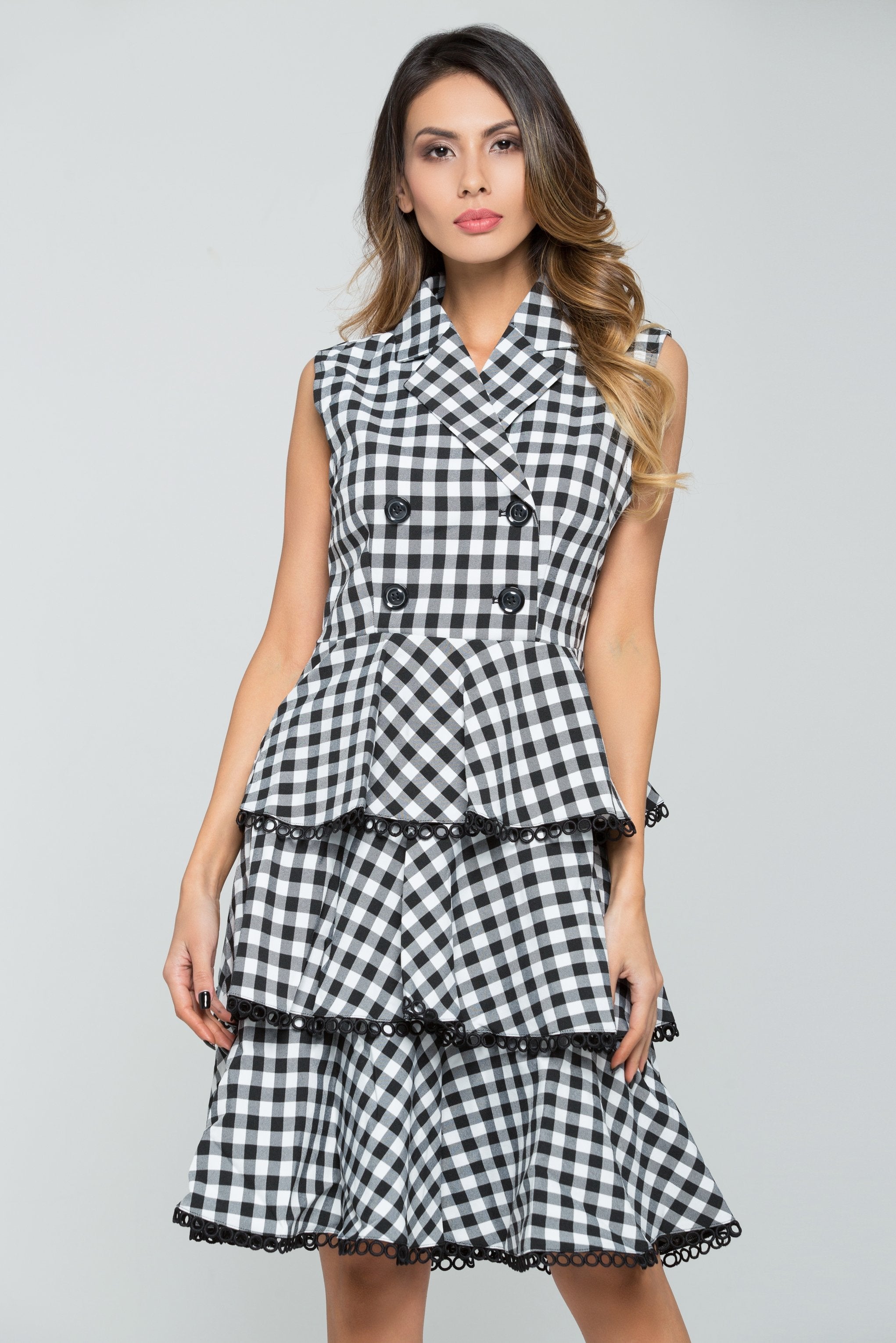 Black and White Double Breasted Check Midi Dress - ownthelooks-Development