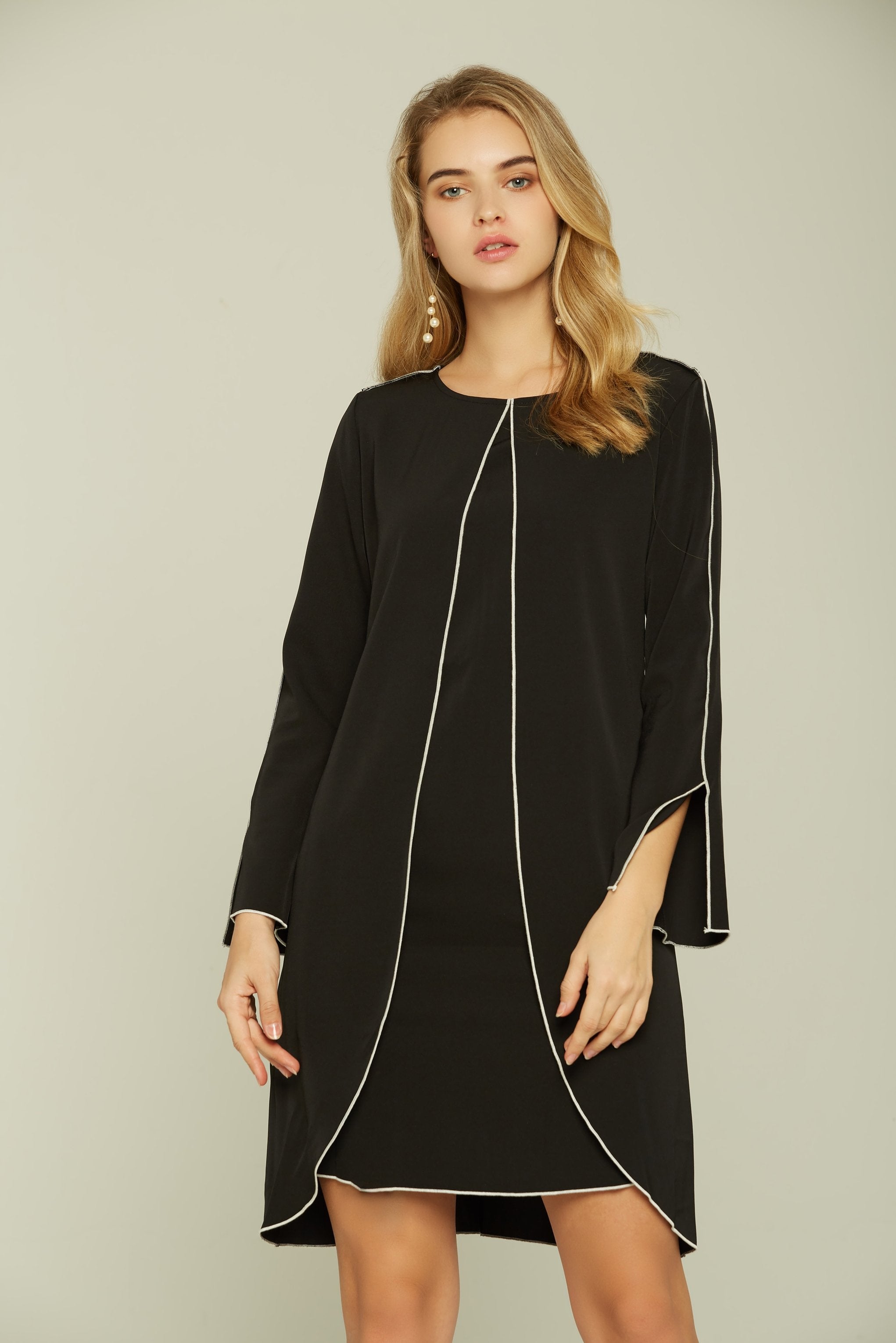 Black and White Full Sleeves Belted Dress - ownthelooks-Development