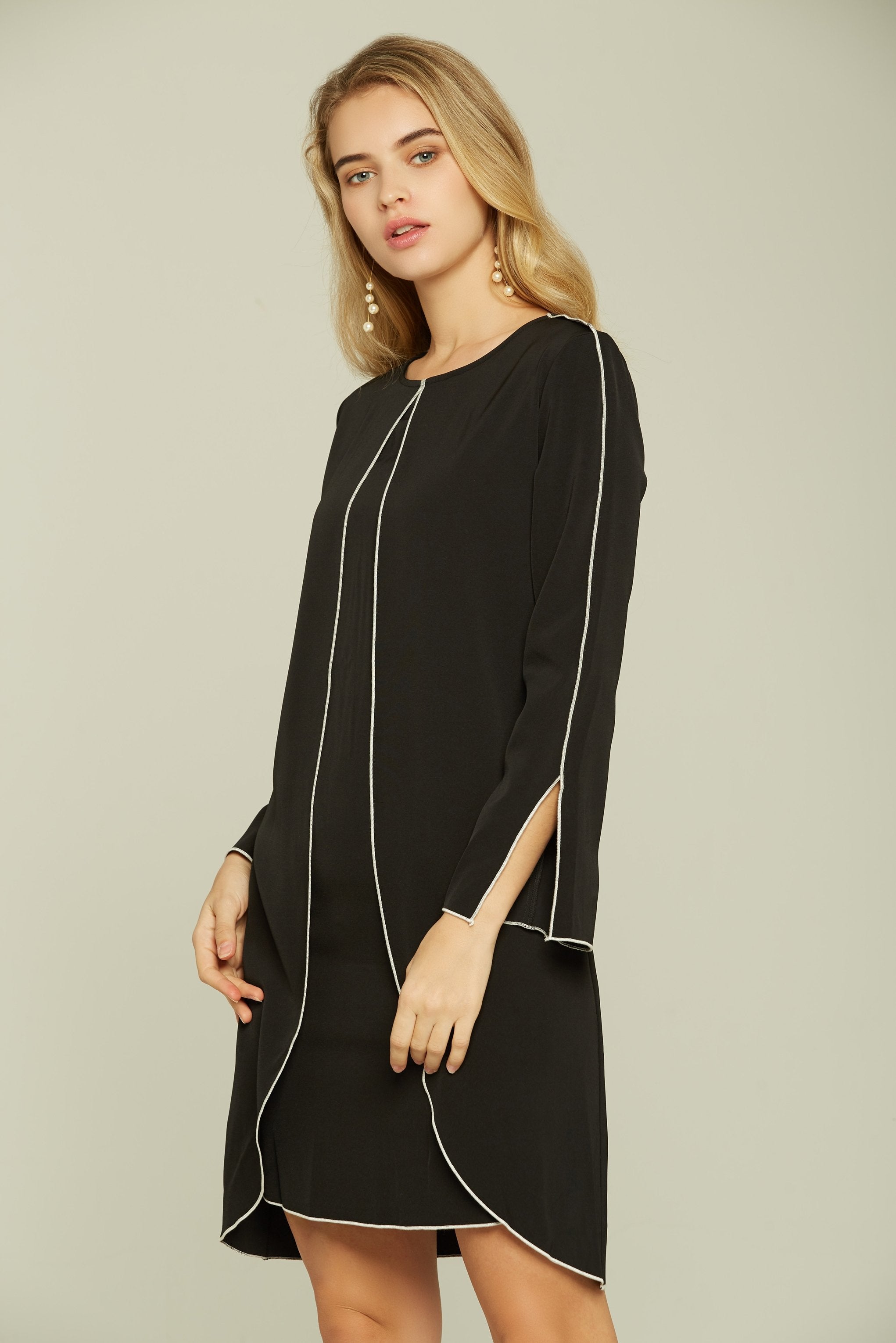 Black and White Full Sleeves Belted Dress - ownthelooks-Development