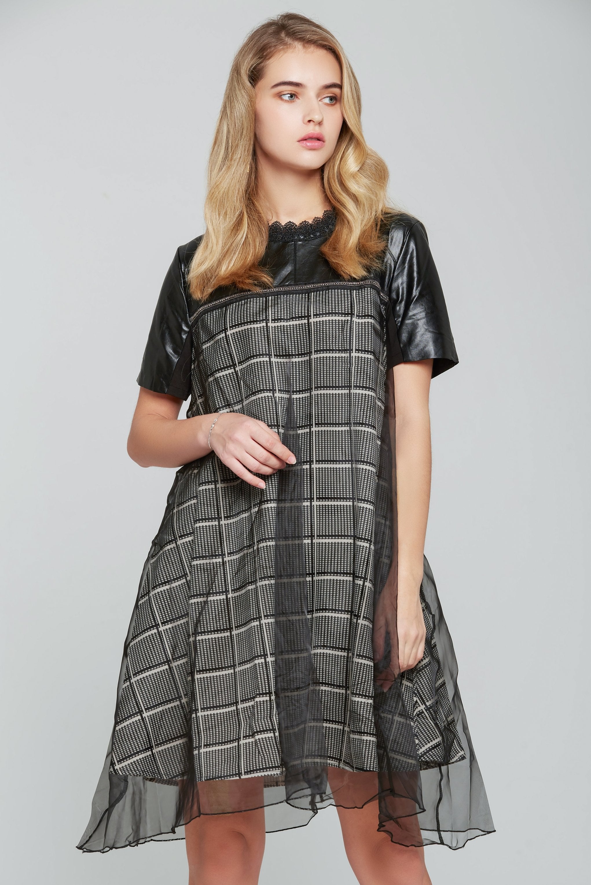 Black and White Glen Check Print Midi Dress - ownthelooks-Development
