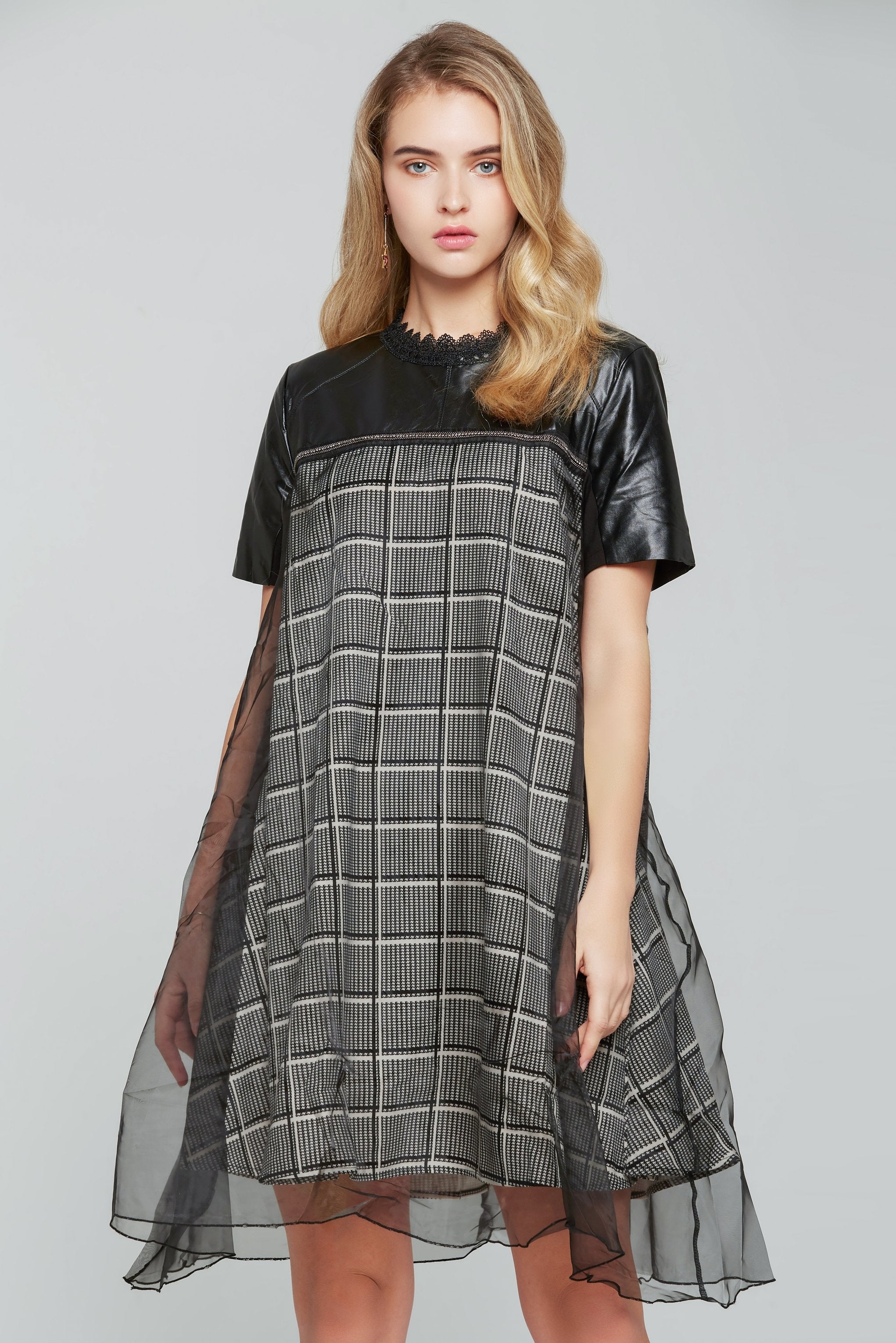 Black and White Glen Check Print Midi Dress - ownthelooks-Development