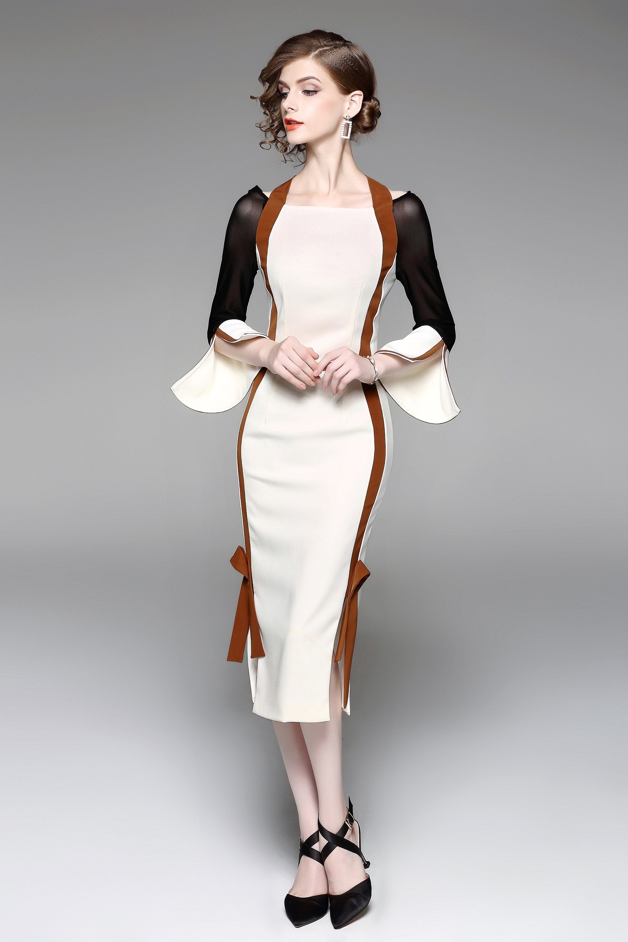 Black and White Mocha Trim Cold Shoulder Midi Dress - ownthelooks-Development