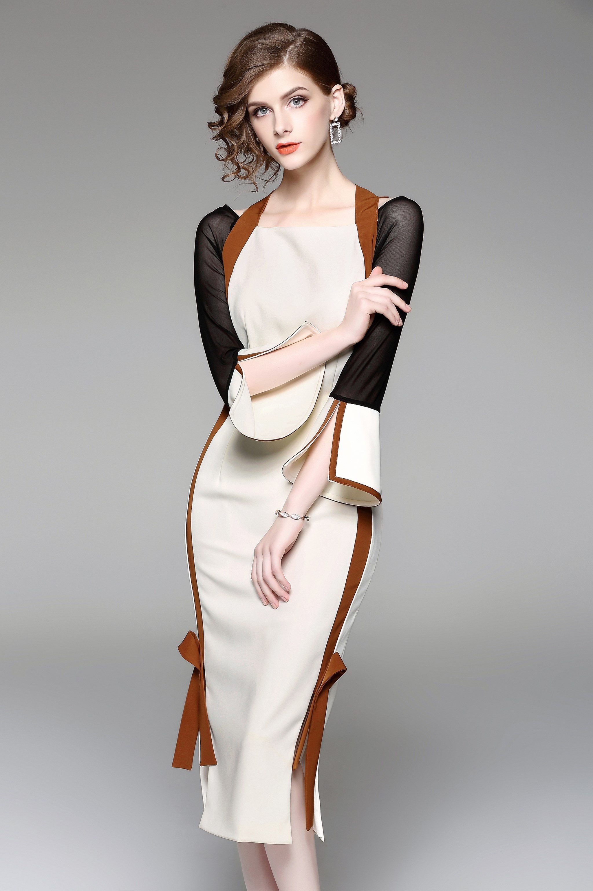 Black and White Mocha Trim Cold Shoulder Midi Dress - ownthelooks-Development