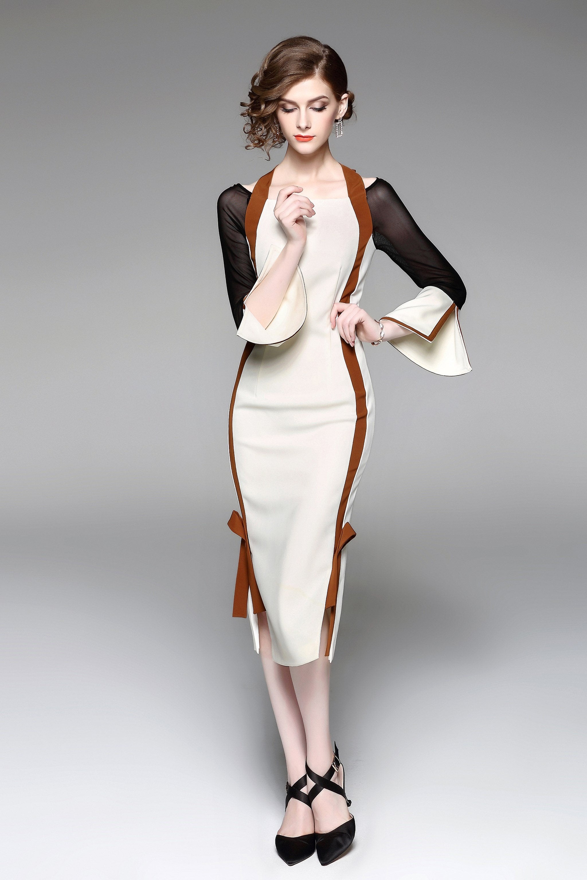 Black and White Mocha Trim Cold Shoulder Midi Dress - ownthelooks-Development