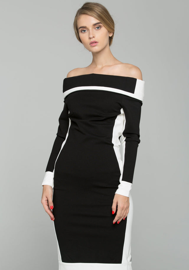 Black and White Off-The-Shoulder Long Sleeved Midi Sheath Dress - ownthelooks-Development
