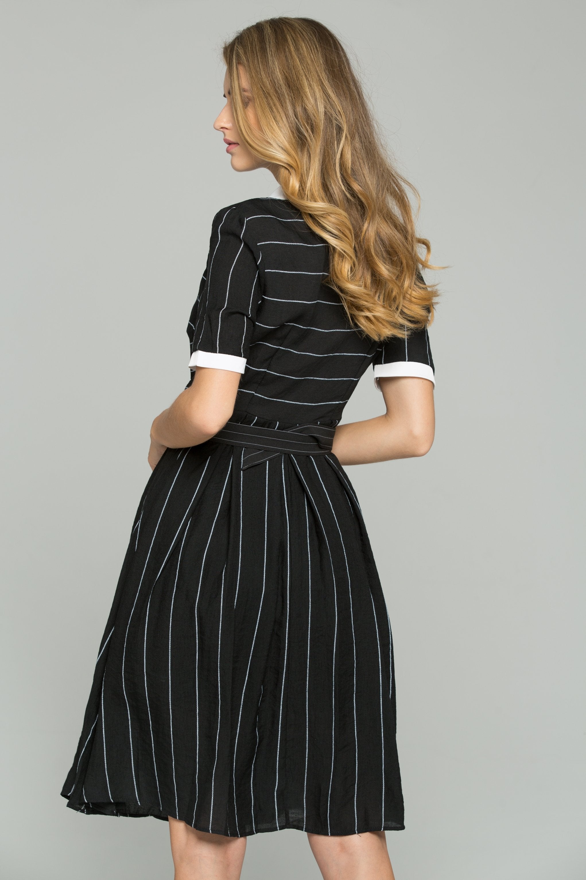 Black and White Pin stripe Décolleté Midi Dress - ownthelooks-Development