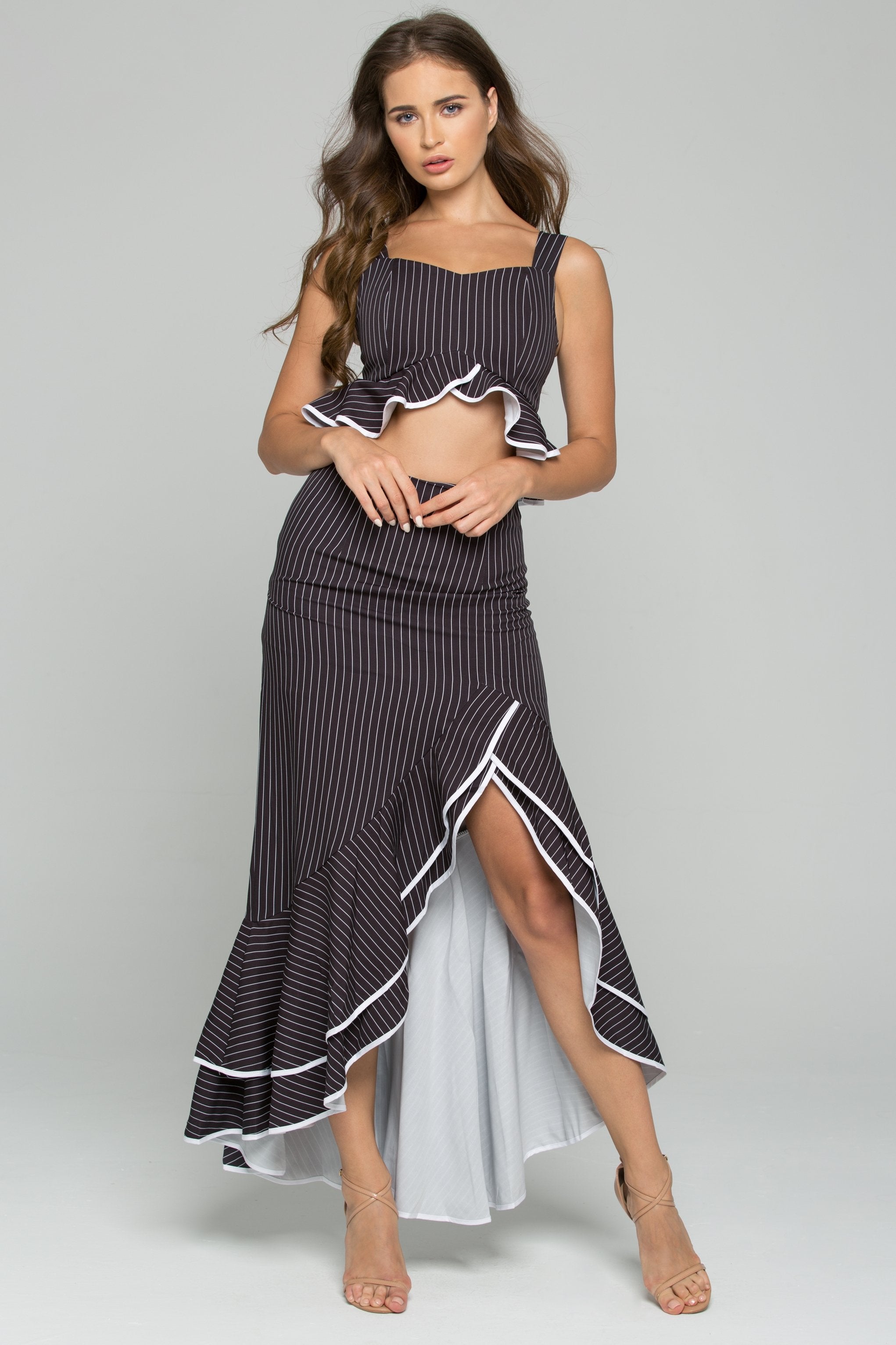 Black and White Pinstripe Ruffled Two Piece Asymmetrical Midi Dress - ownthelooks-Development