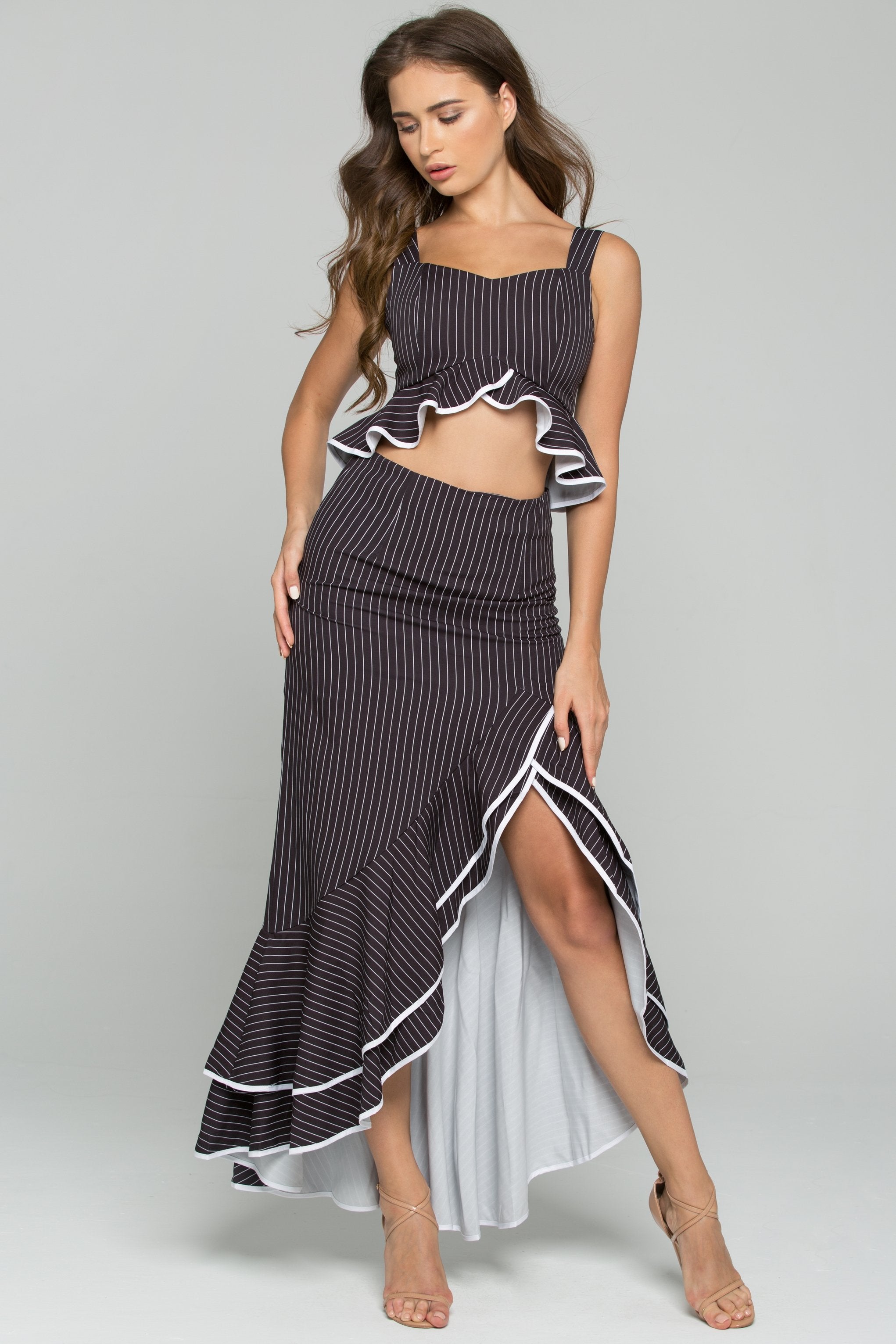 Black and White Pinstripe Ruffled Two Piece Asymmetrical Midi Dress - ownthelooks-Development