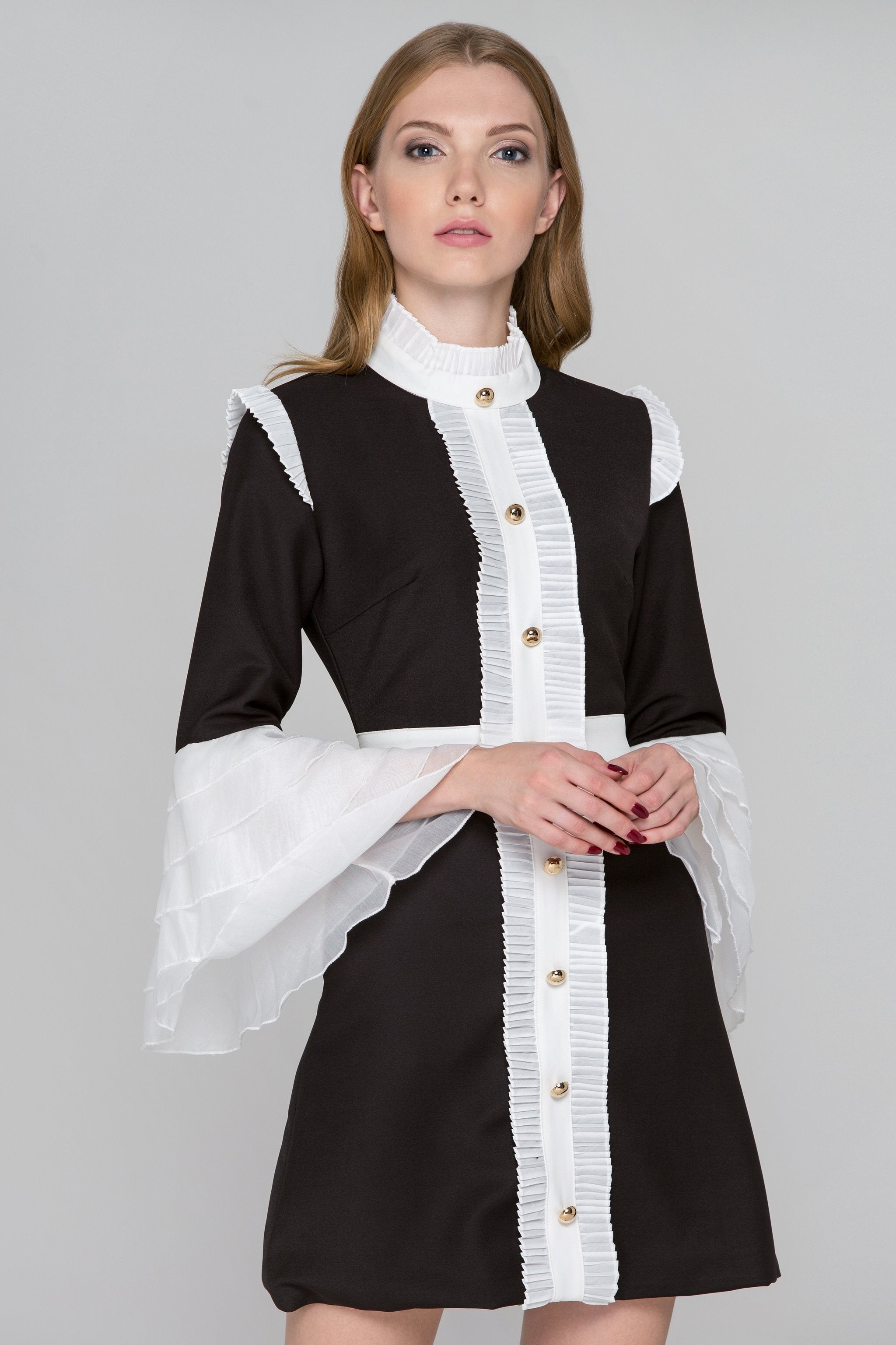 Black and White Pleated Ruffle Bell Sleeve Midi Dress - ownthelooks-Development