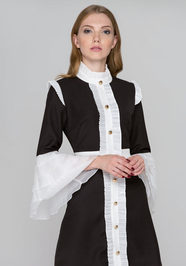 Black and White Pleated Ruffle Bell Sleeve Midi Dress - ownthelooks-Development
