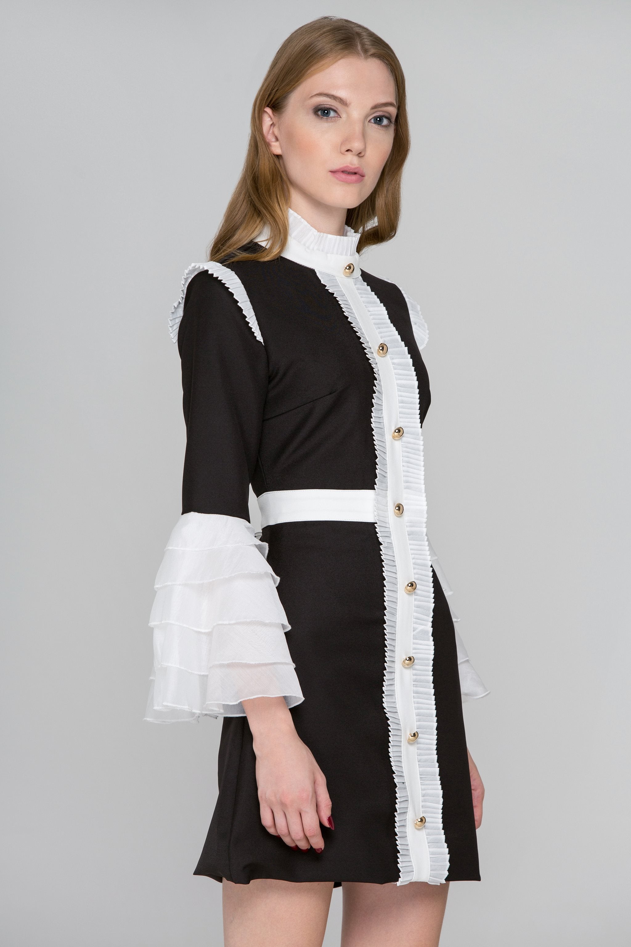 Black and White Pleated Ruffle Bell Sleeve Midi Dress - ownthelooks-Development