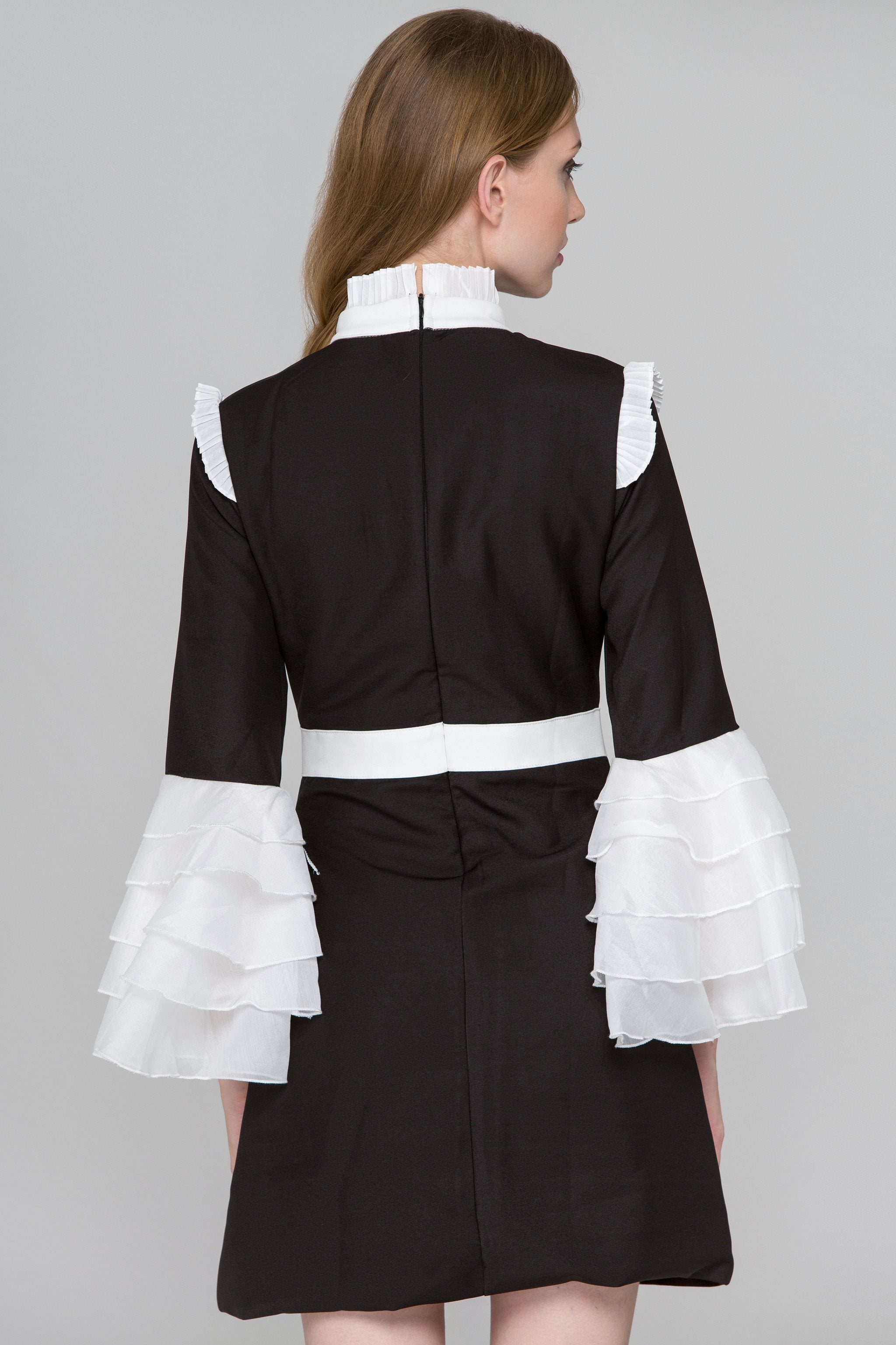 Black and White Pleated Ruffle Bell Sleeve Midi Dress - ownthelooks-Development