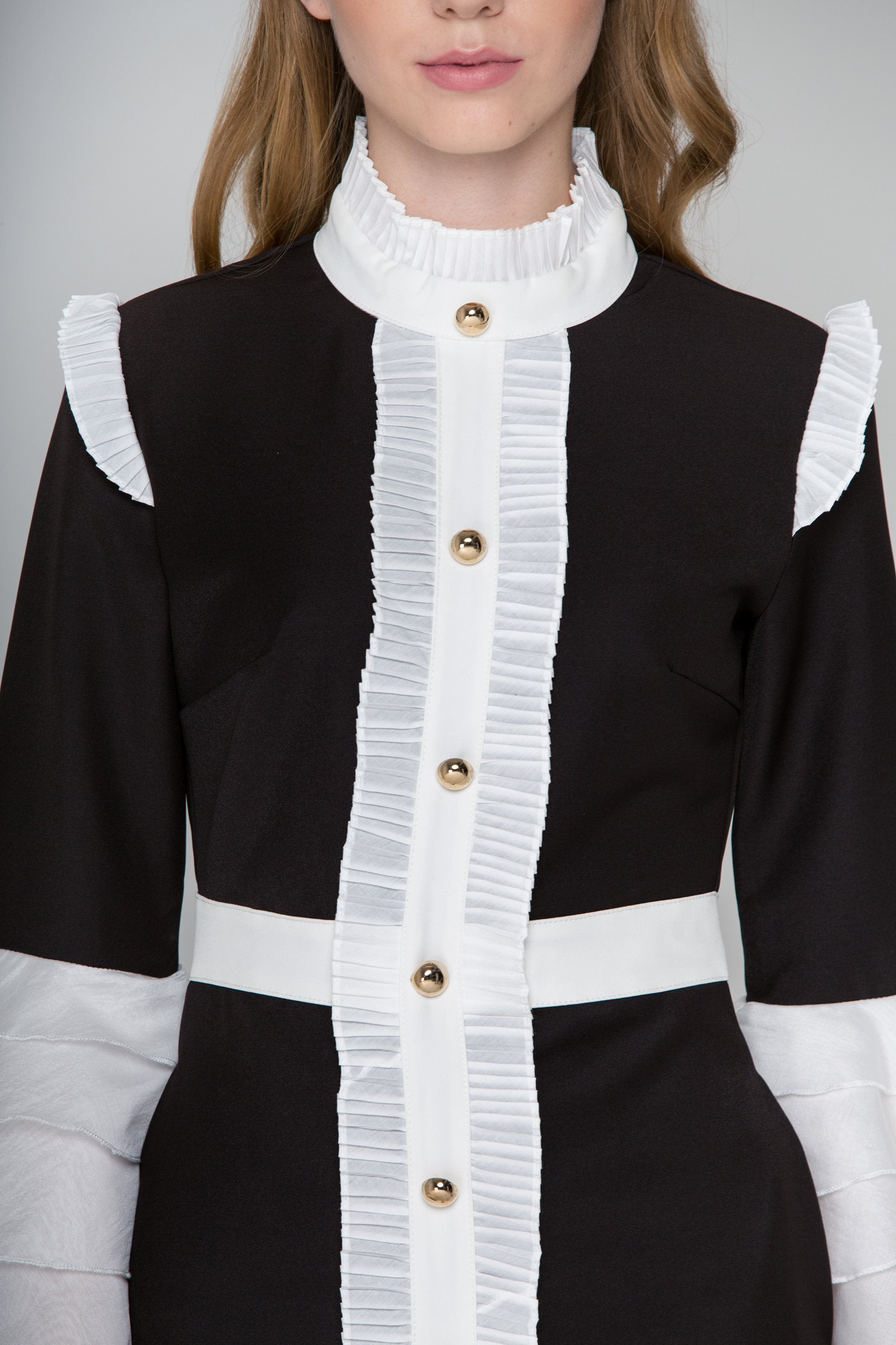 Black and White Pleated Ruffle Bell Sleeve Midi Dress - ownthelooks-Development