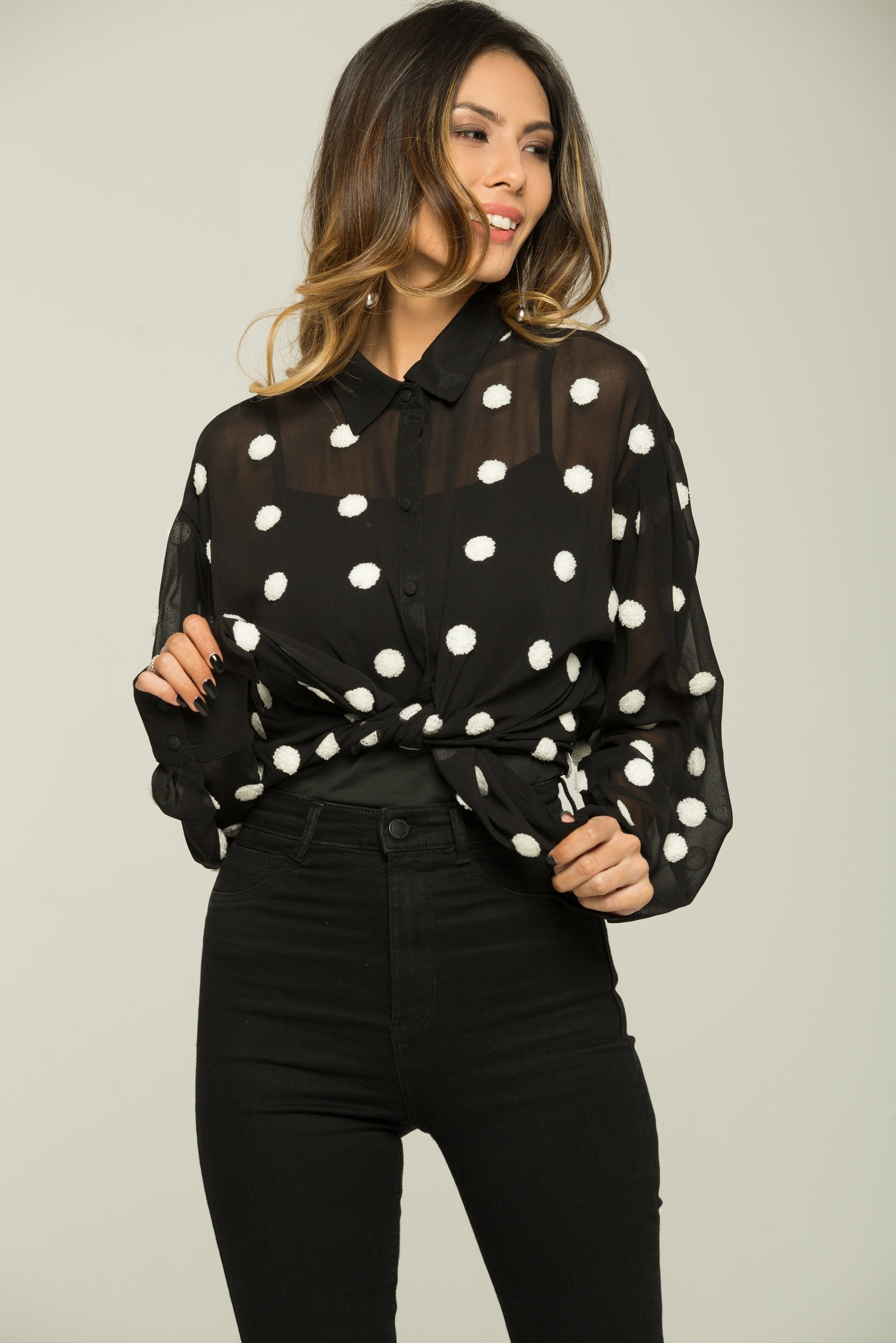 Black and White Polka dots Sheer Shirt Top - ownthelooks-Development