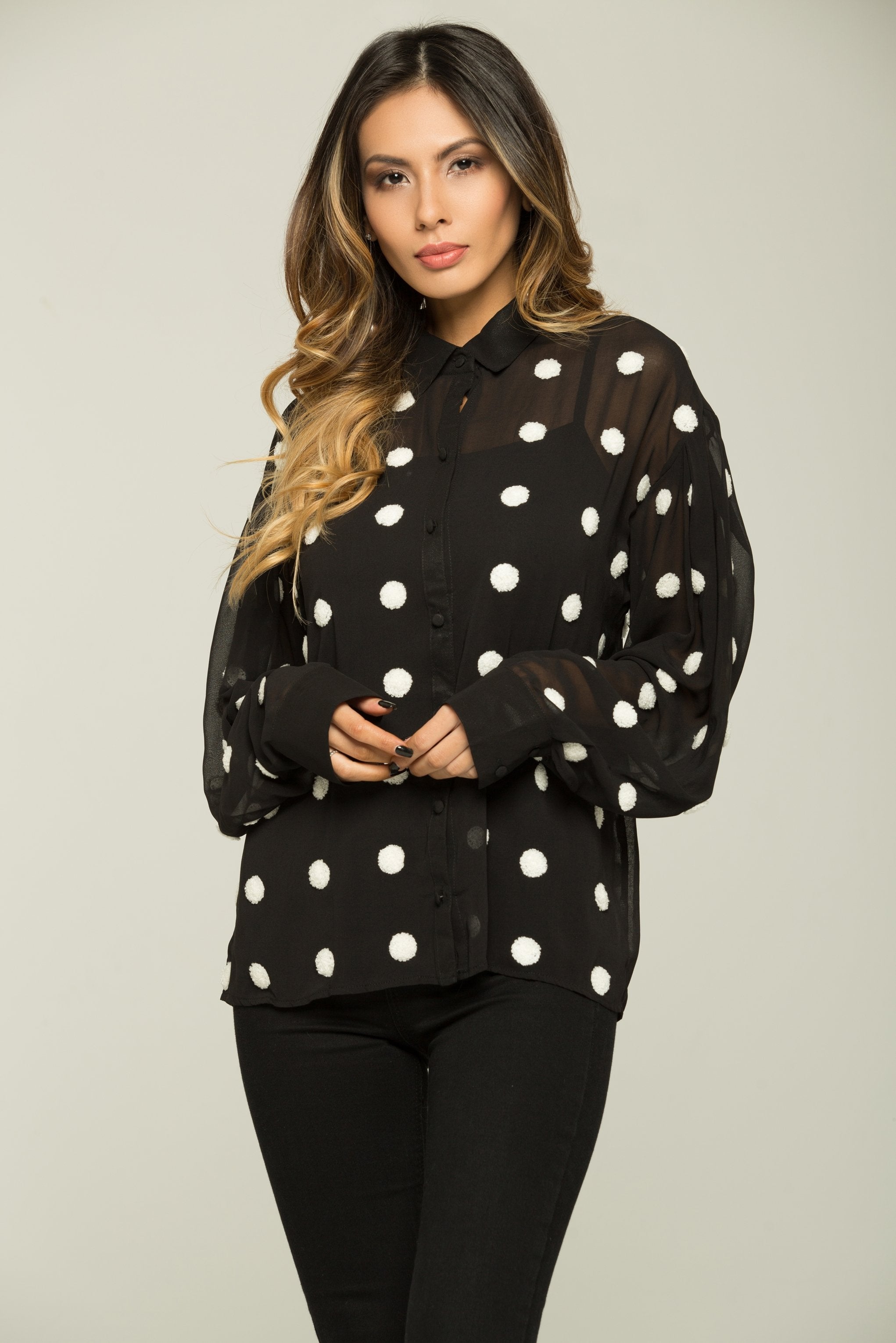 Black and White Polka dots Sheer Shirt Top - ownthelooks-Development