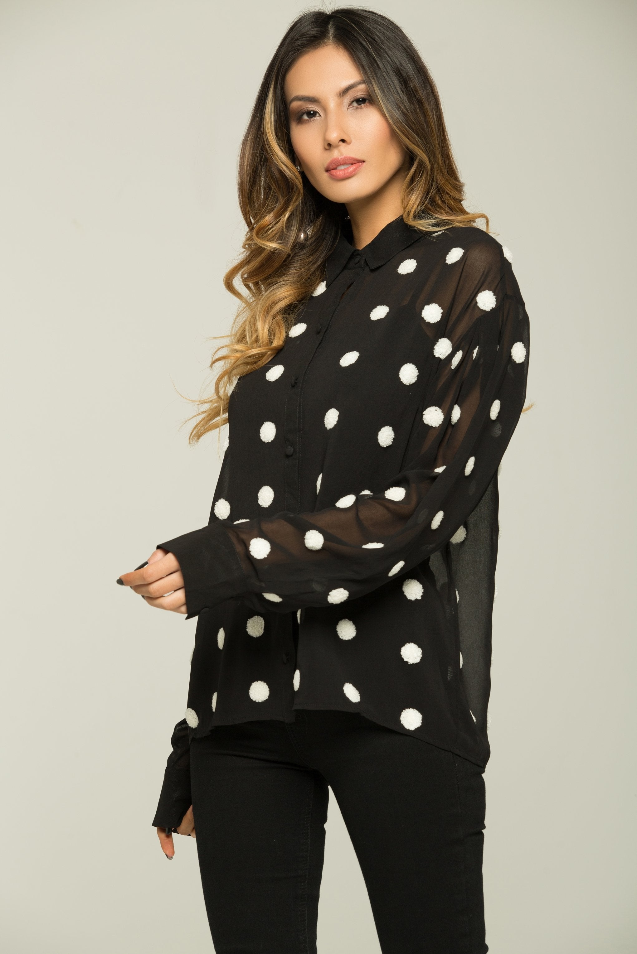 Black and White Polka dots Sheer Shirt Top - ownthelooks-Development
