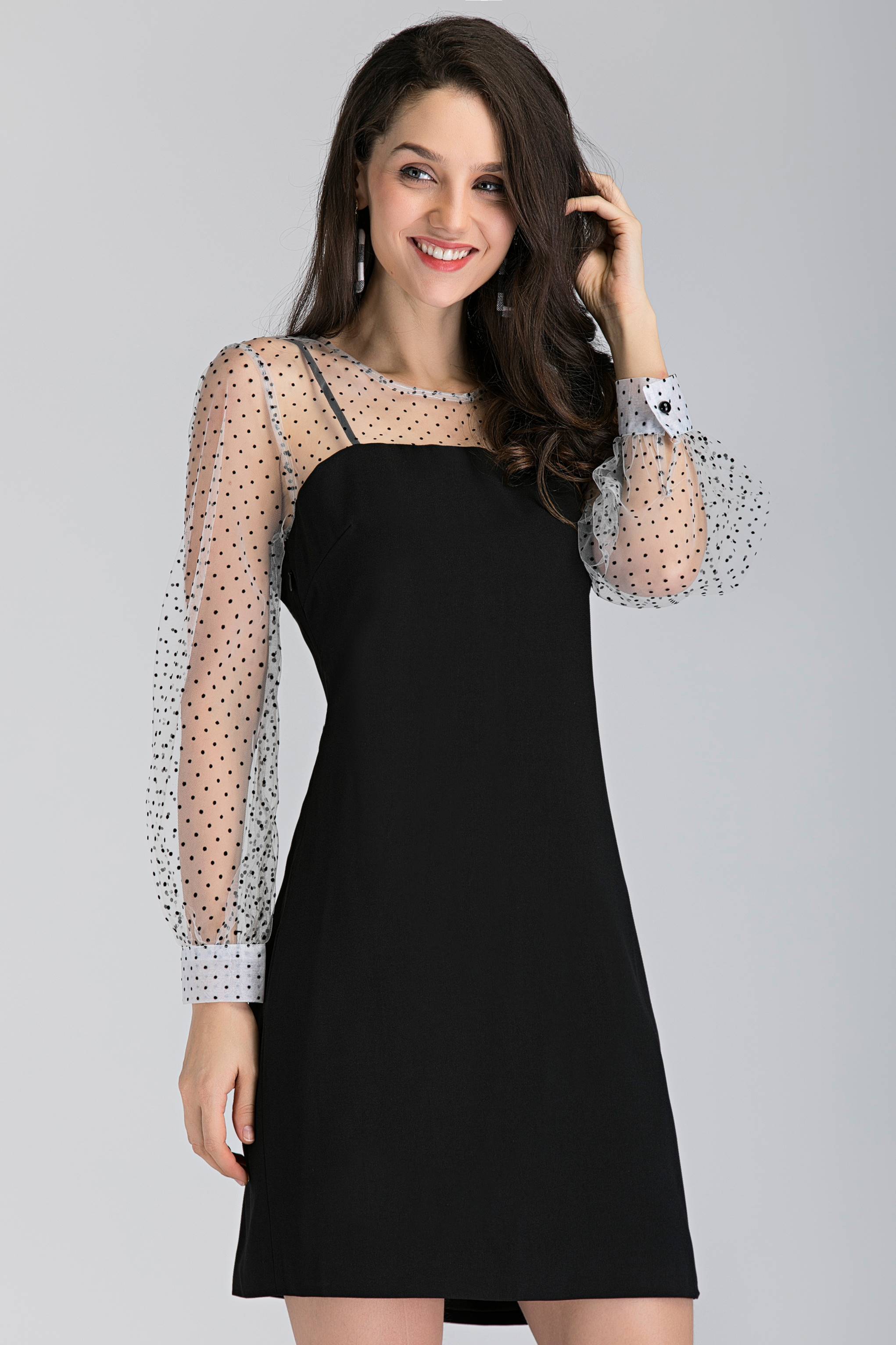 Black and White Sheer Polka Dot Sleeved Midi Dress - ownthelooks-Development
