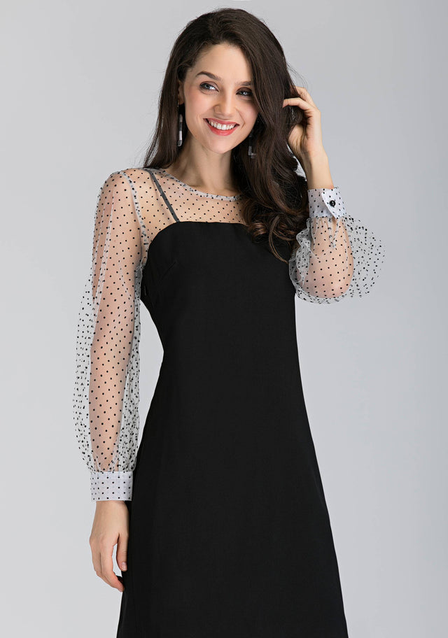 Black and White Sheer Polka Dot Sleeved Midi Dress - ownthelooks-Development
