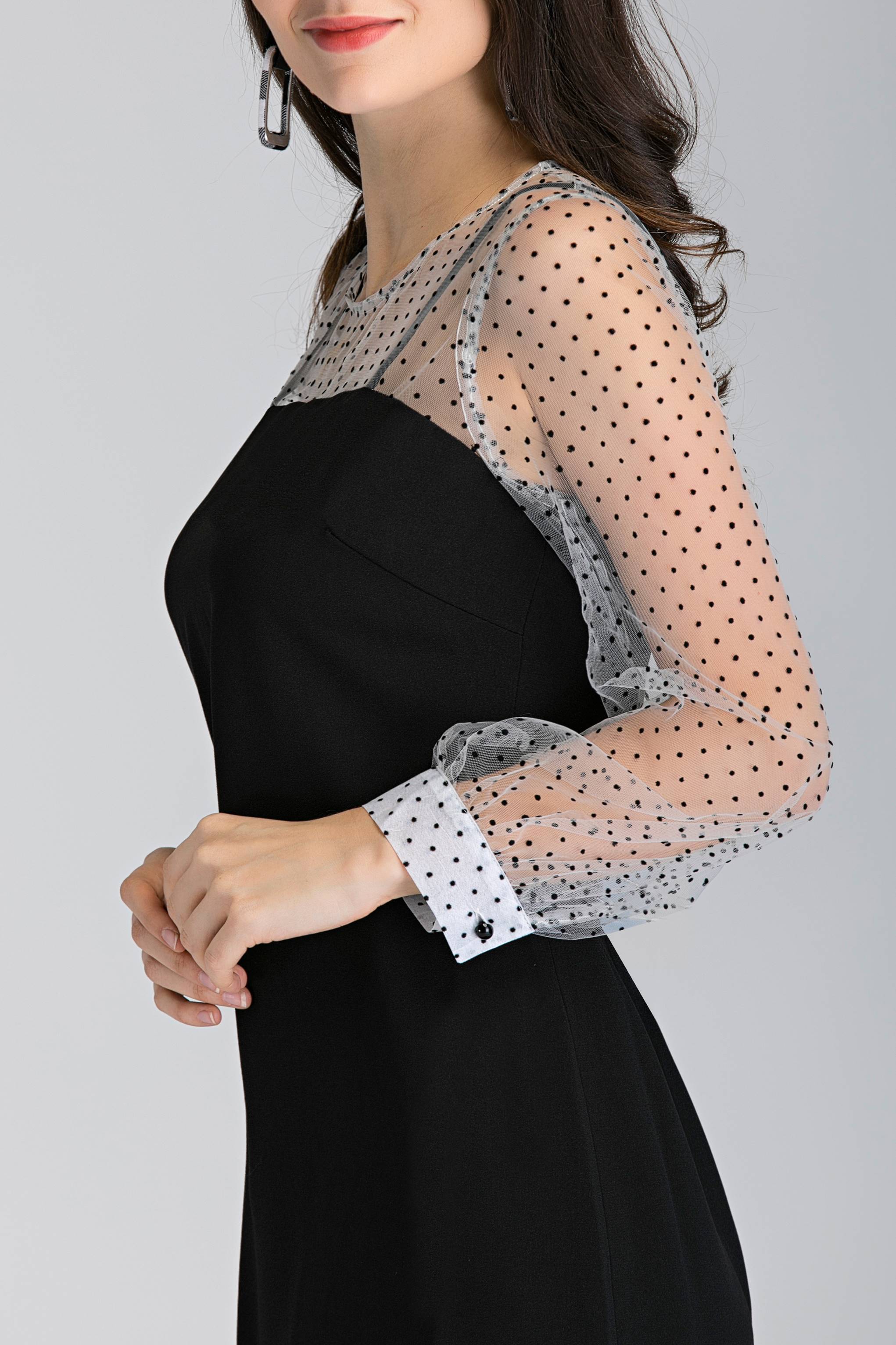 Black and White Sheer Polka Dot Sleeved Midi Dress - ownthelooks-Development