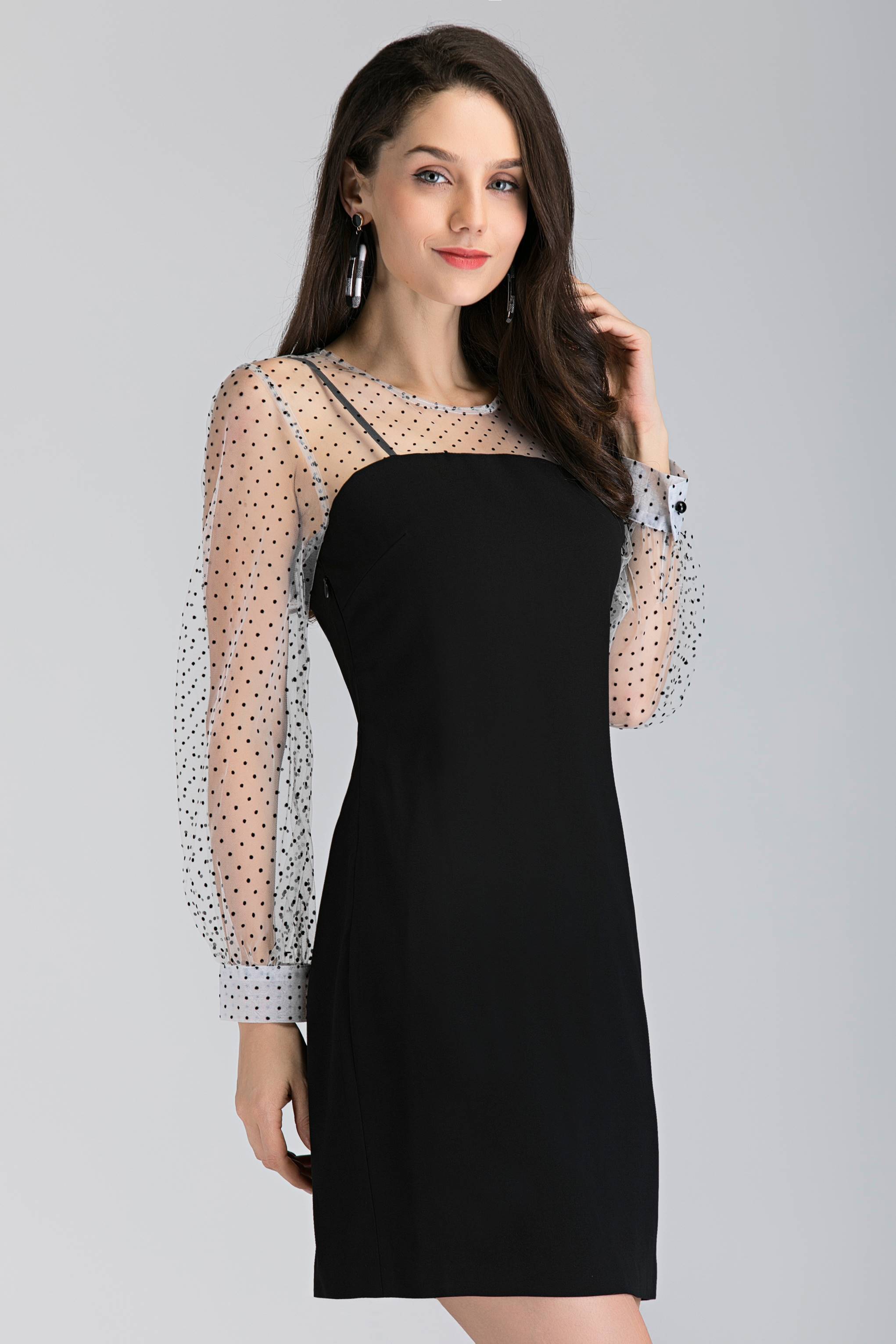 Black and White Sheer Polka Dot Sleeved Midi Dress - ownthelooks-Development
