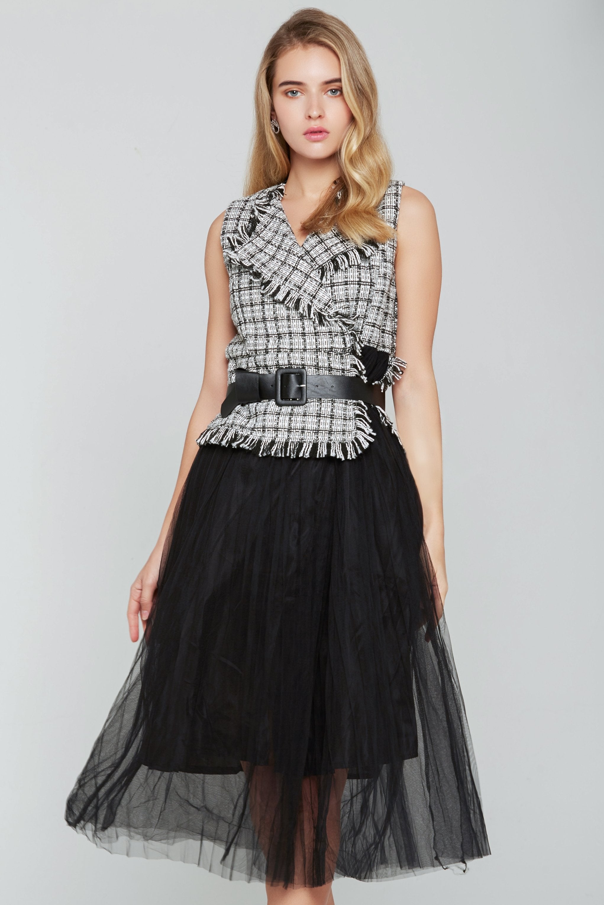 Black and White Sleeveless Tweed Sheer Bottom Belted Dress - ownthelooks-Development