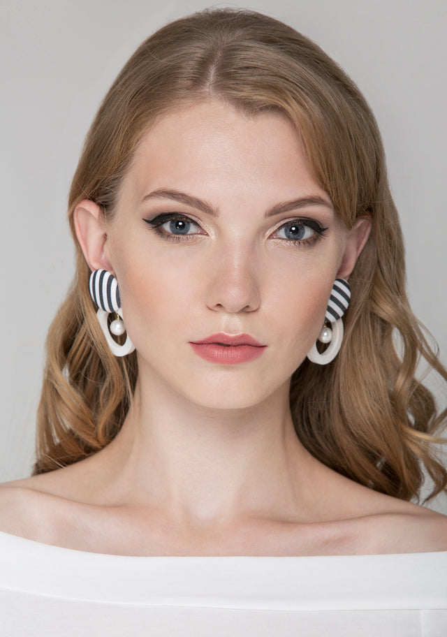 Black and White Stripe Pearl Hoop Earrings - ownthelooks-Development