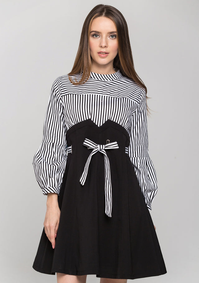 Blue and White Stripe Ring Lace Waist Midi Dress - ownthelooks-Development