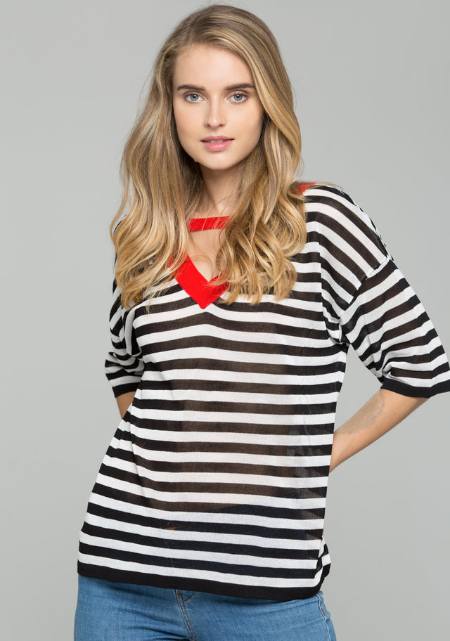 Black and White Striped Red V-Neck Choker Top - ownthelooks-Development