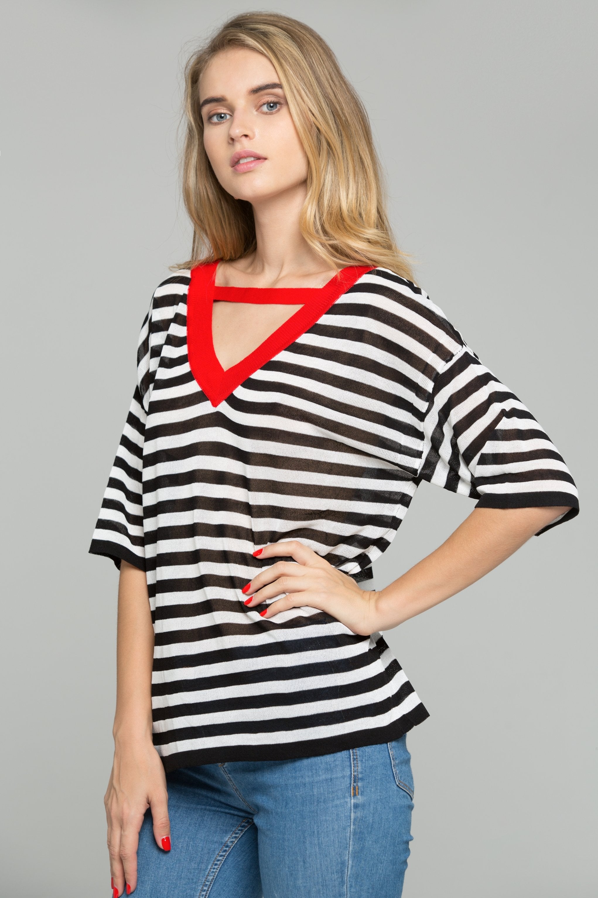 Black and White Striped Red V-Neck Choker Top - ownthelooks-Development