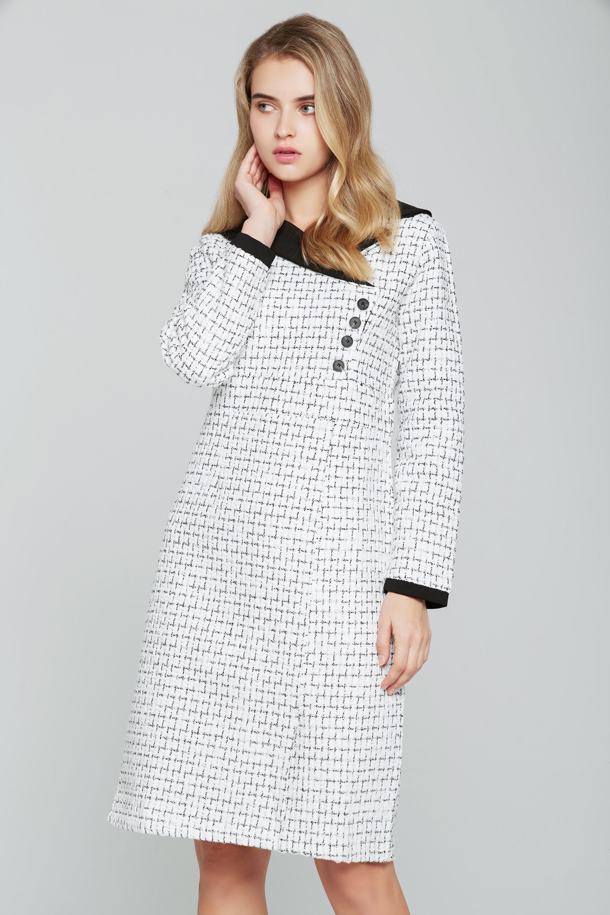 Black and White Tweed Full Sleeves Blazer Dress - ownthelooks-Development