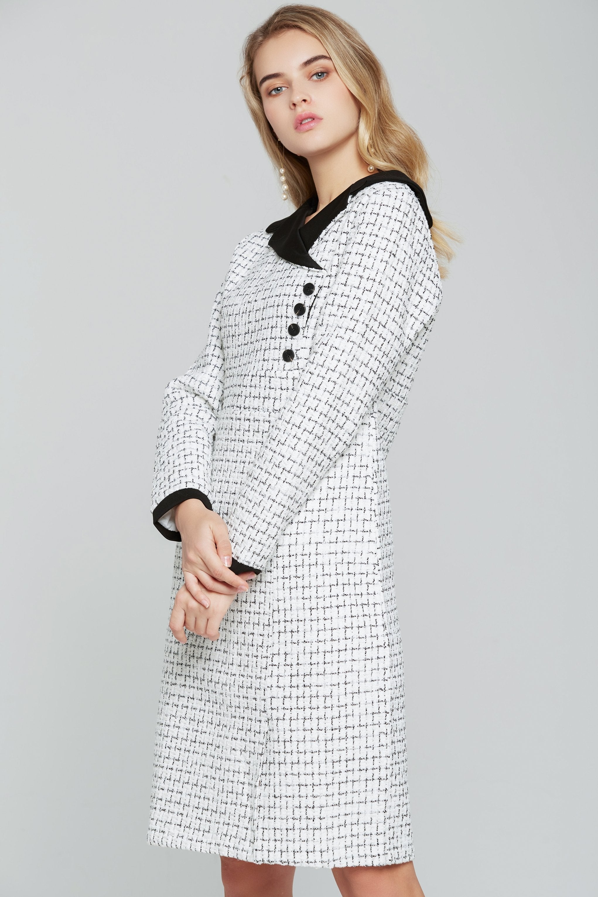 Black and White Tweed Full Sleeves Blazer Dress - ownthelooks-Development