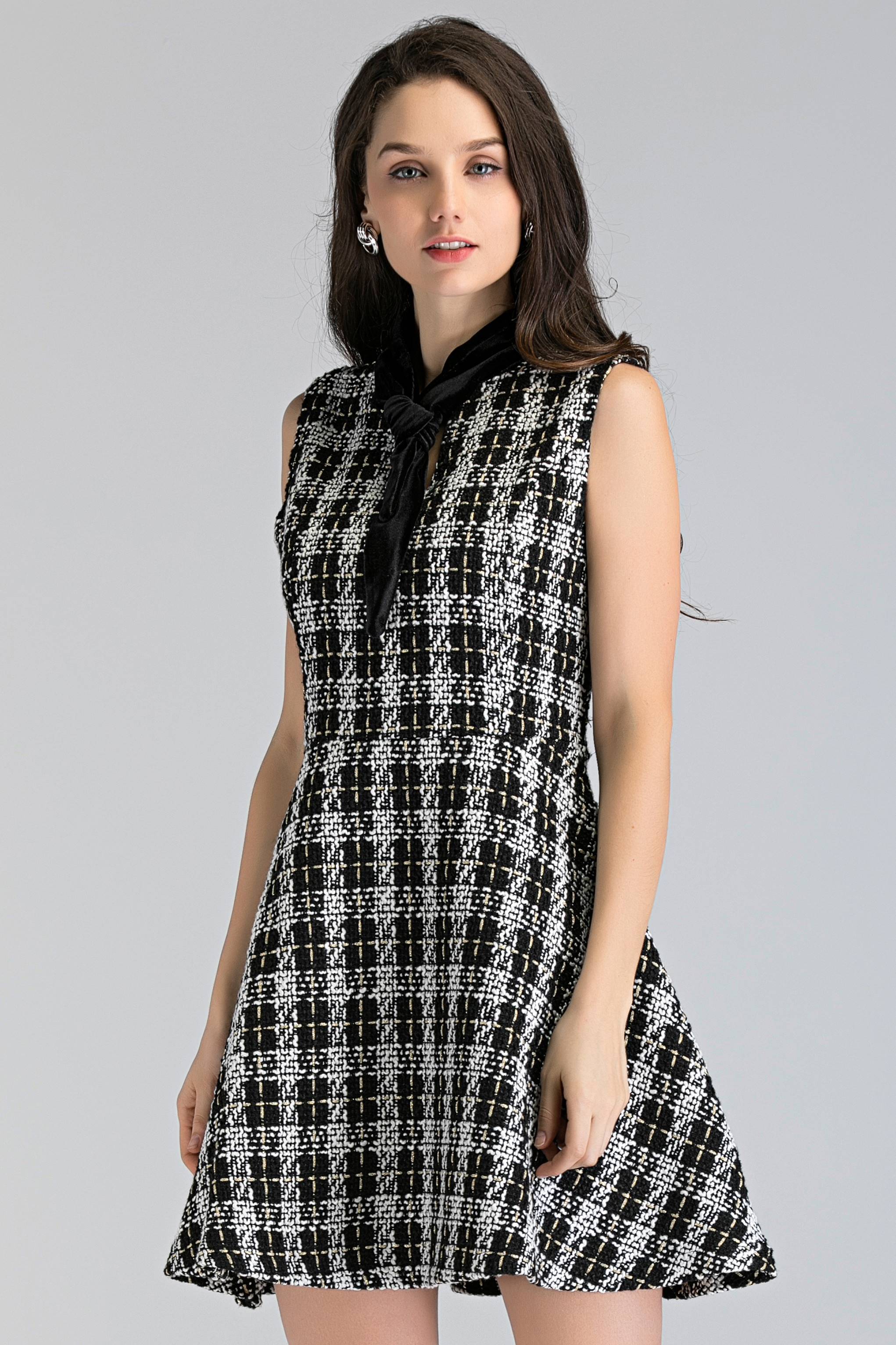 Black and White Tweed Sleeveless Midi Dress - ownthelooks-Development