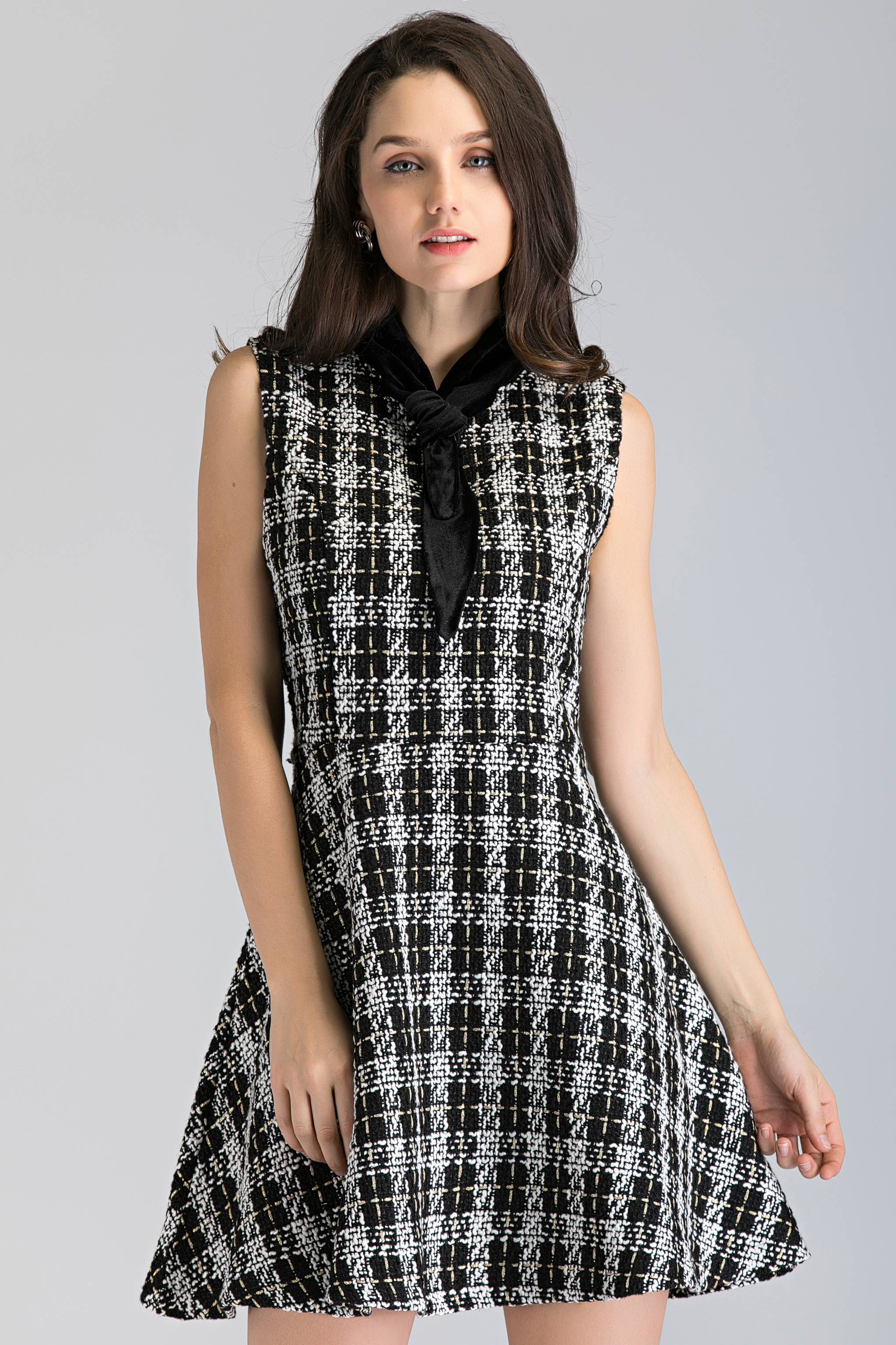Black and White Tweed Sleeveless Midi Dress - ownthelooks-Development